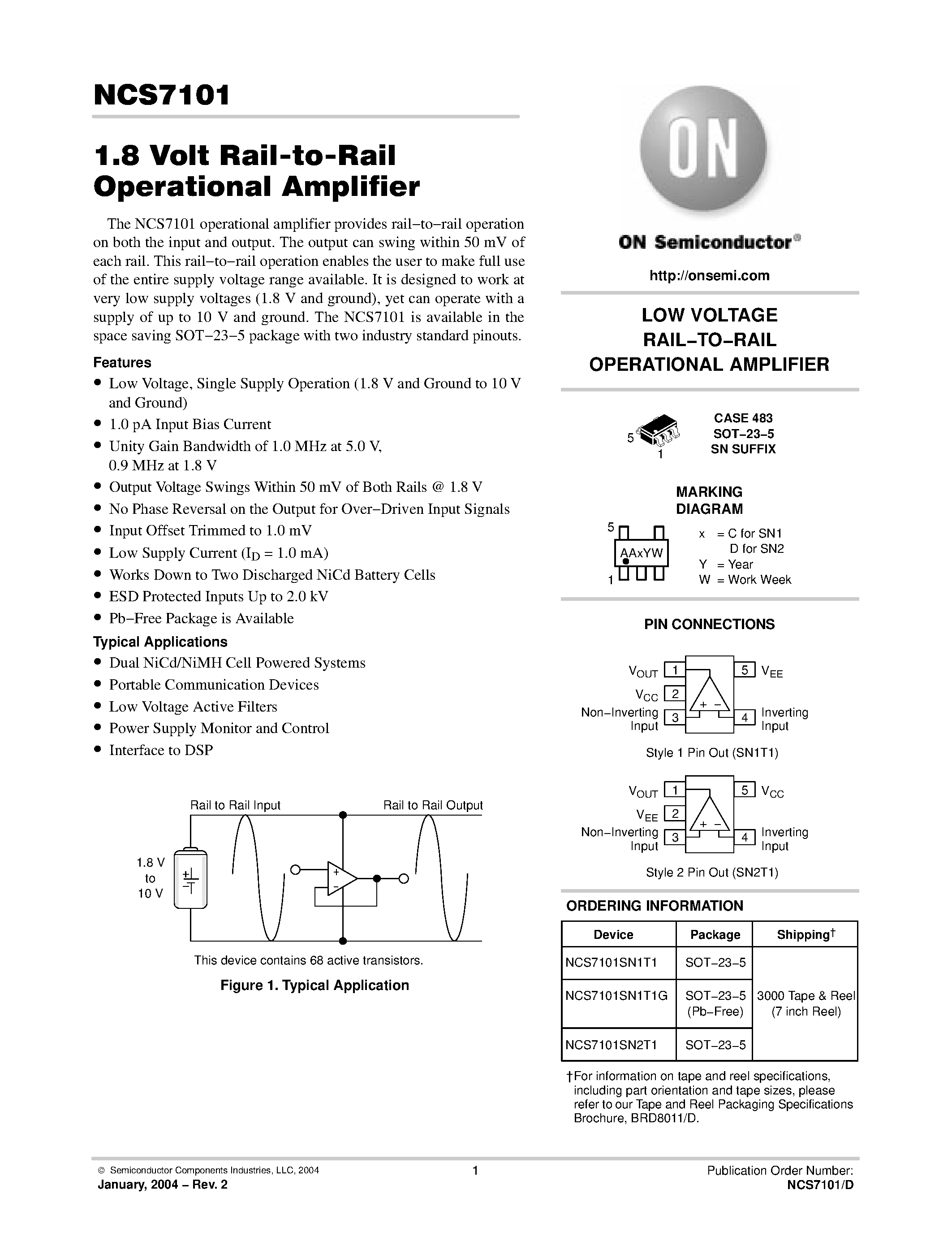 Datasheet NCS7101SN1T1G - 1.8 Volt Rail-to-Rail Operational Amplifier page 1