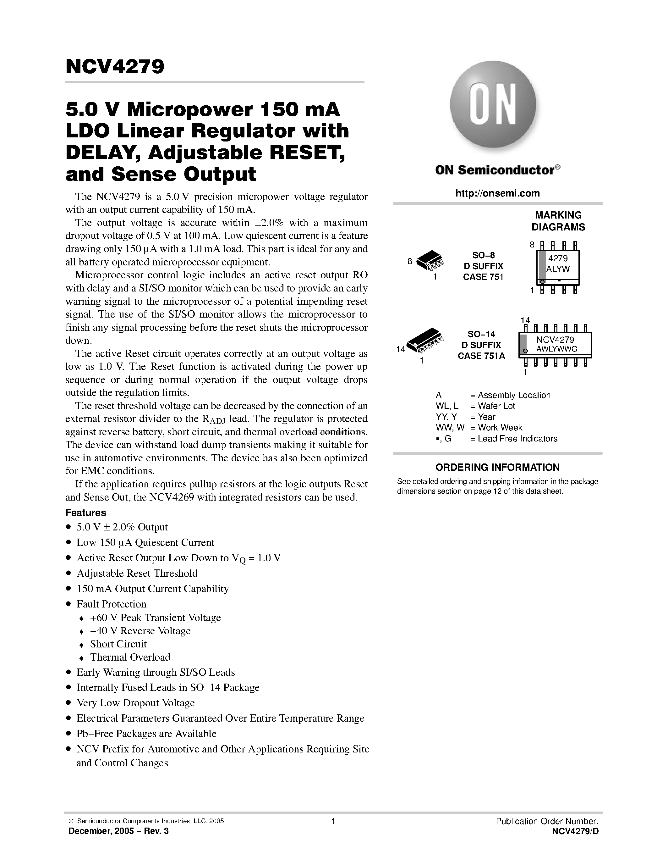 Datasheet NCV4279 - 5.0 V Micropower 150 mA LDO Linear Regulator with DELAY / Adjustable RESET / and Monitor FLAG page 1
