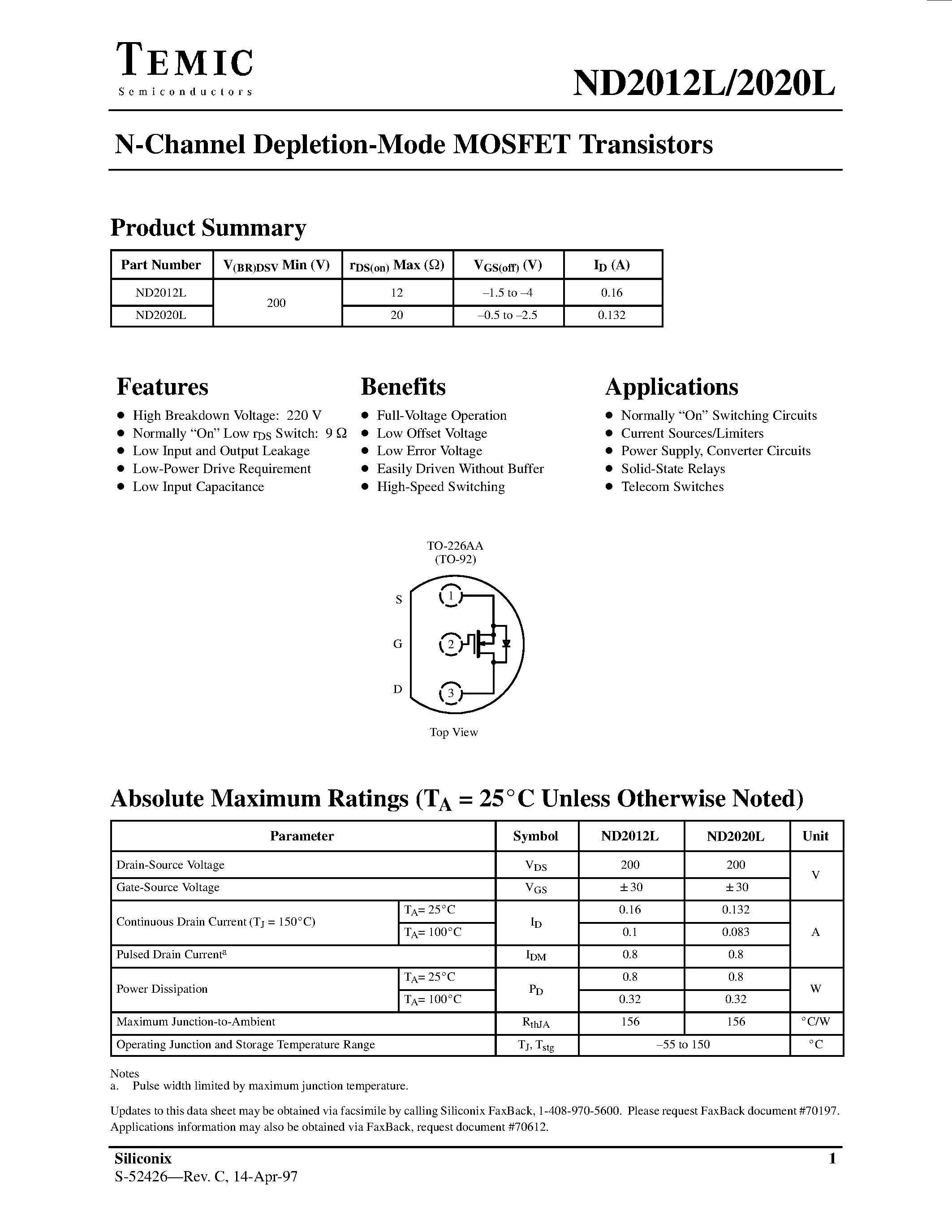 Datasheet ND2020L - N-Channel Depletion-Mode MOSFET Transistors page 1