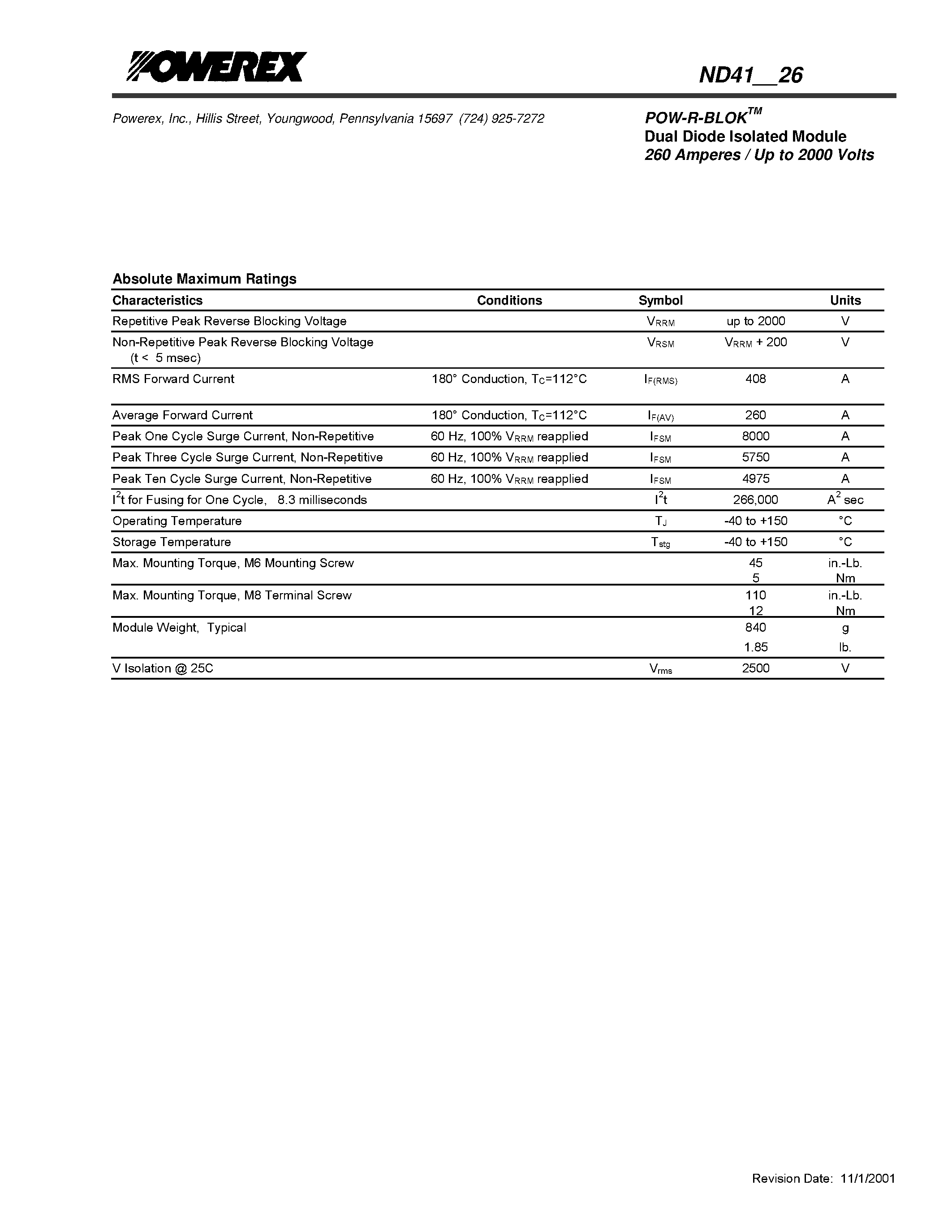 Даташит на микросхему ND411026 страница 2 Даташит ND411026 - POW-R-BLOK Dual Diode Isolated Module (260 Amperes / Up to 2000 Volts) страница 2