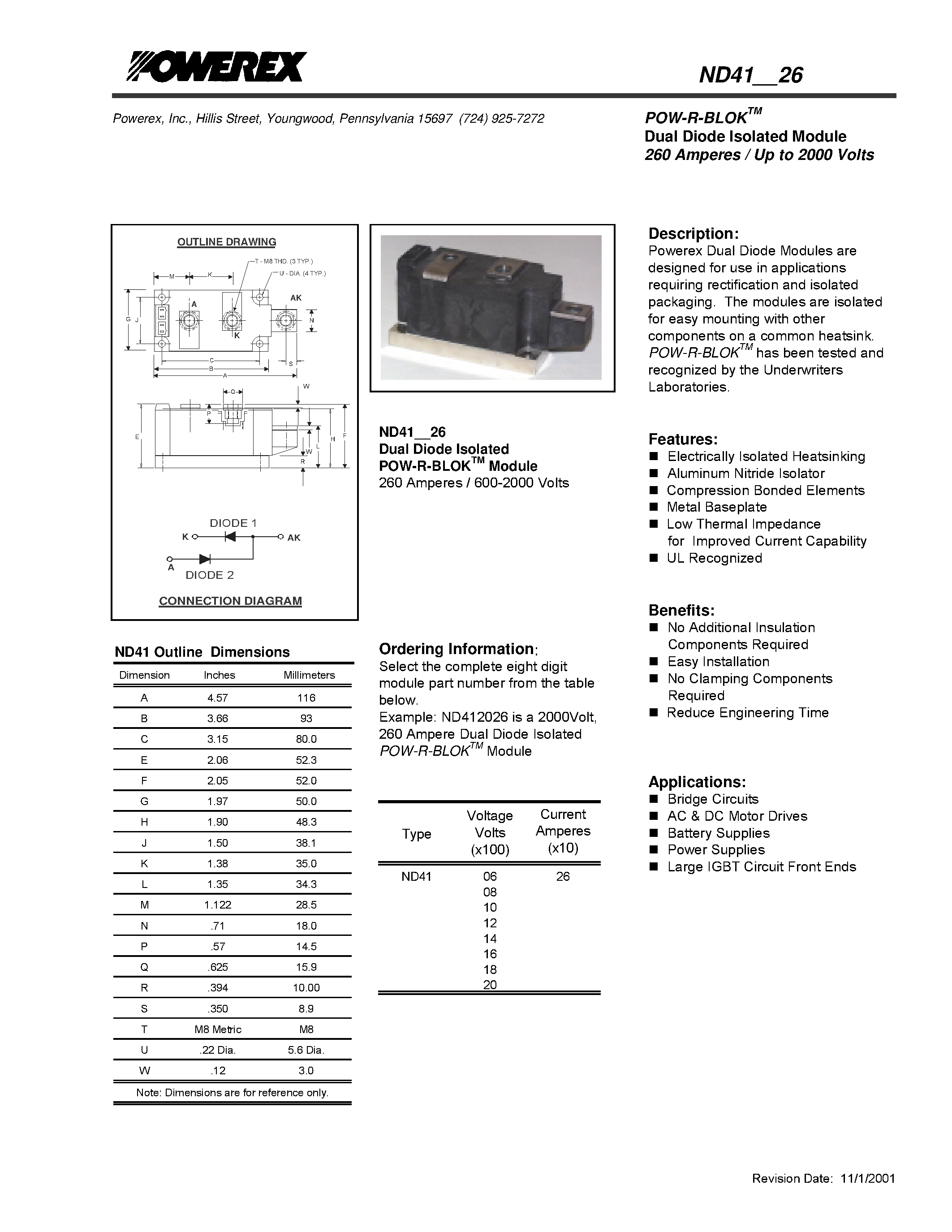 Даташит ND412026 - POW-R-BLOK Dual Diode Isolated Module (260 Amperes / Up to 2000 Volts) страница 1
