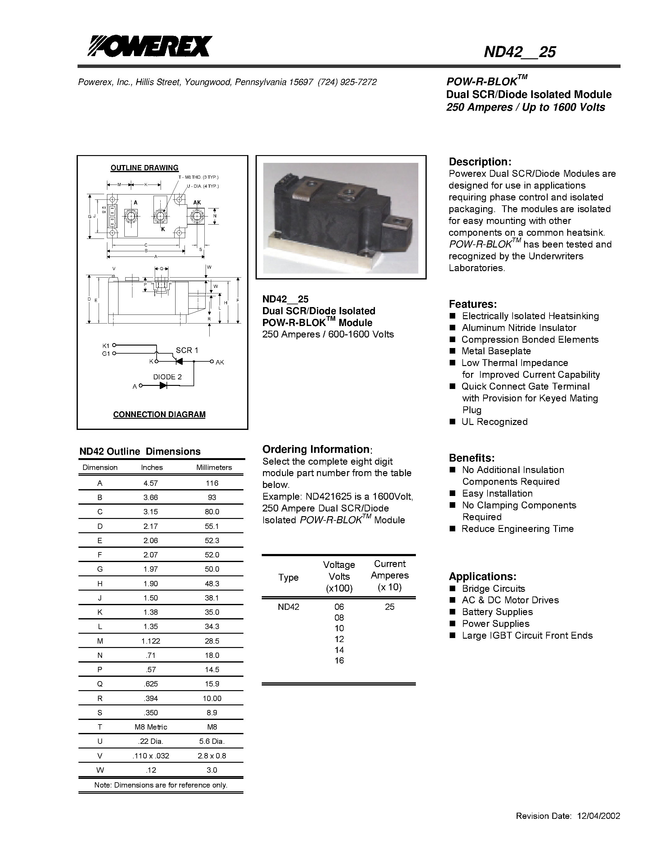 Даташит ND420625 - POW-R-BLOK Dual SCR/Diode Isolated Module (250 Amperes / Up to 1600 Volts) страница 1
