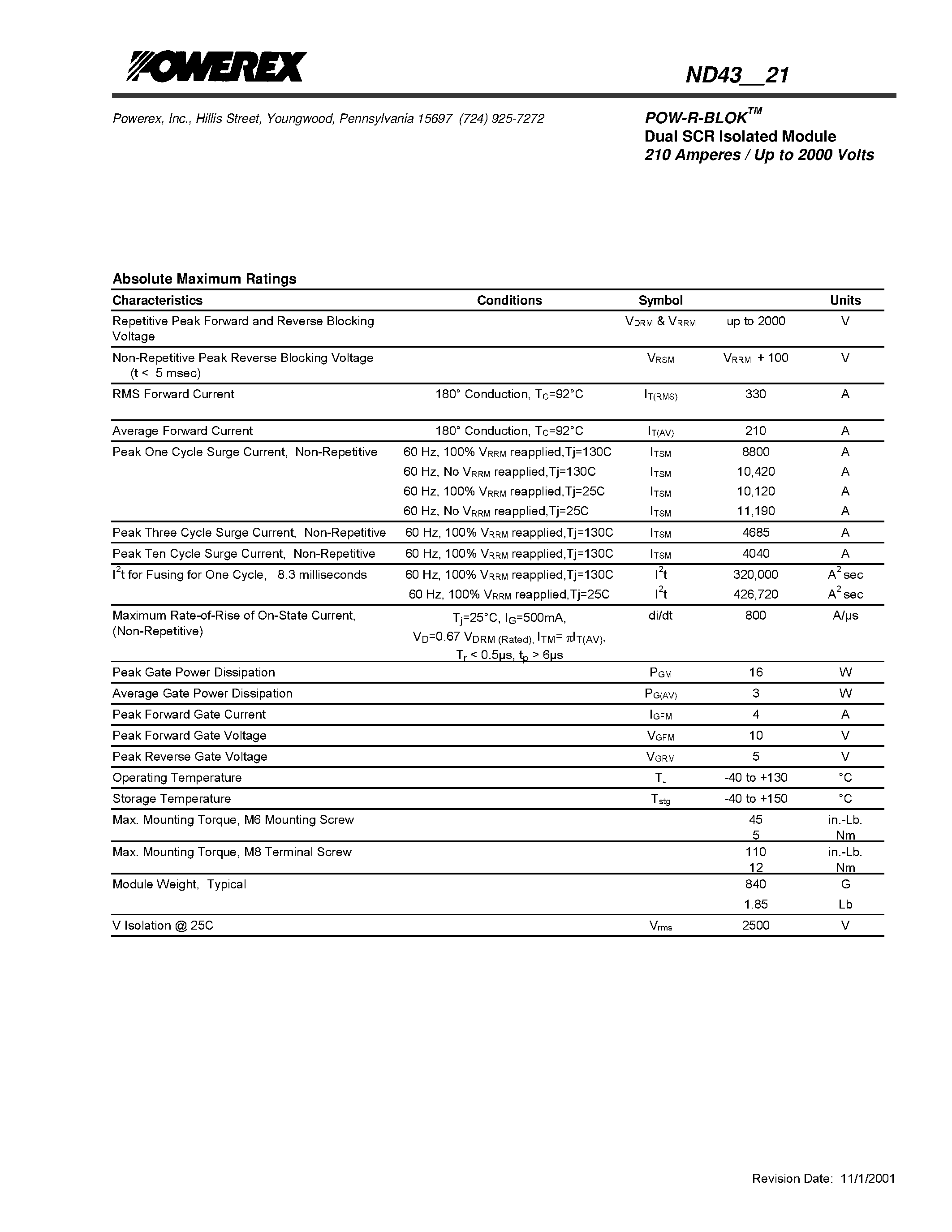 Datasheet ND4321 - POW-R-BLOK Dual SCR Isolated Module (210 Amperes / Up to 2000 Volts) page 2