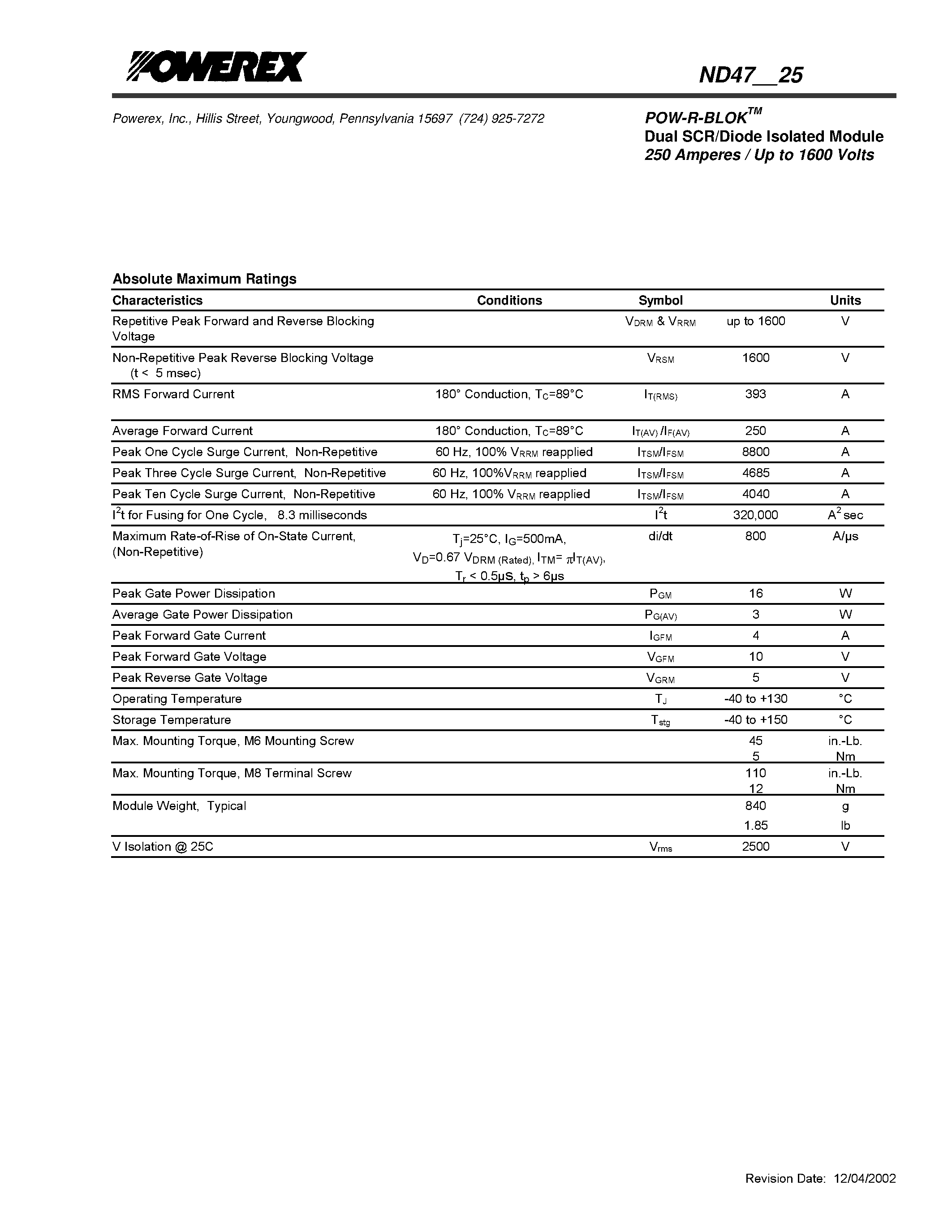 Datasheet ND470625 - POW-R-BLOK Dual SCR/Diode Isolated Module (250 Amperes / Up to 1600 Volts) page 2