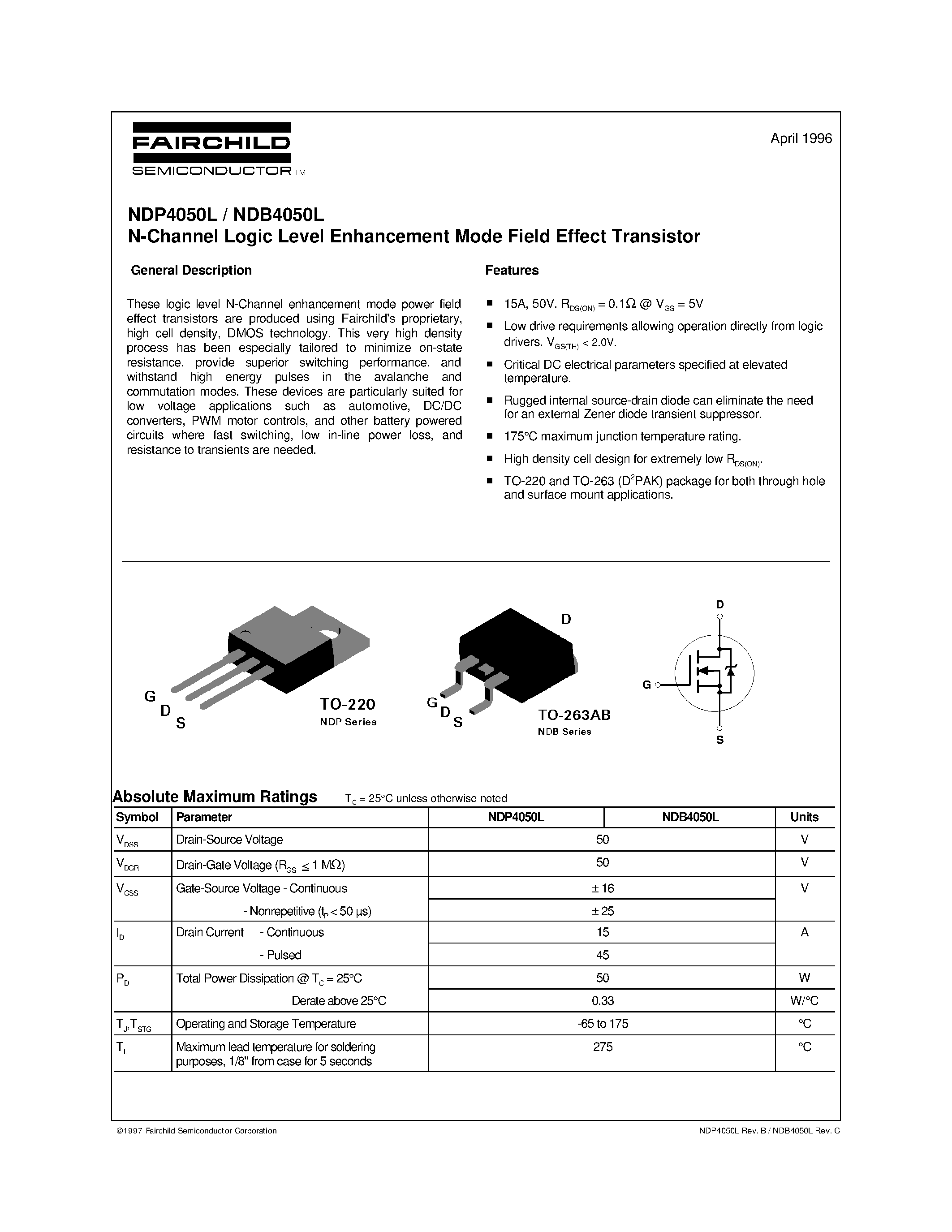Datasheet NDB4050L - N-Channel Logic Level Enhancement Mode Field Effect Transistor page 1