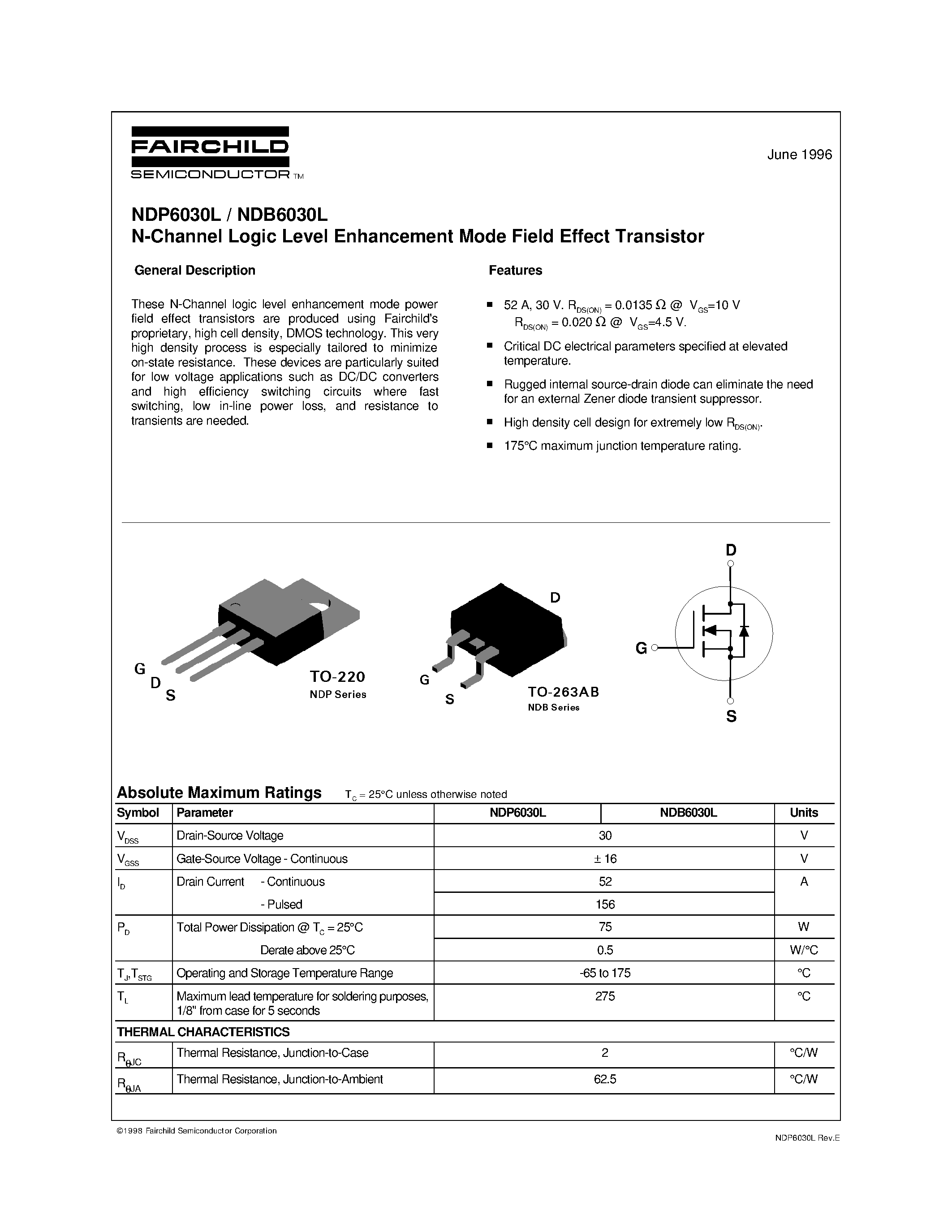 Datasheet NDB6030L - N-Channel Logic Level Enhancement Mode Field Effect Transistor page 1