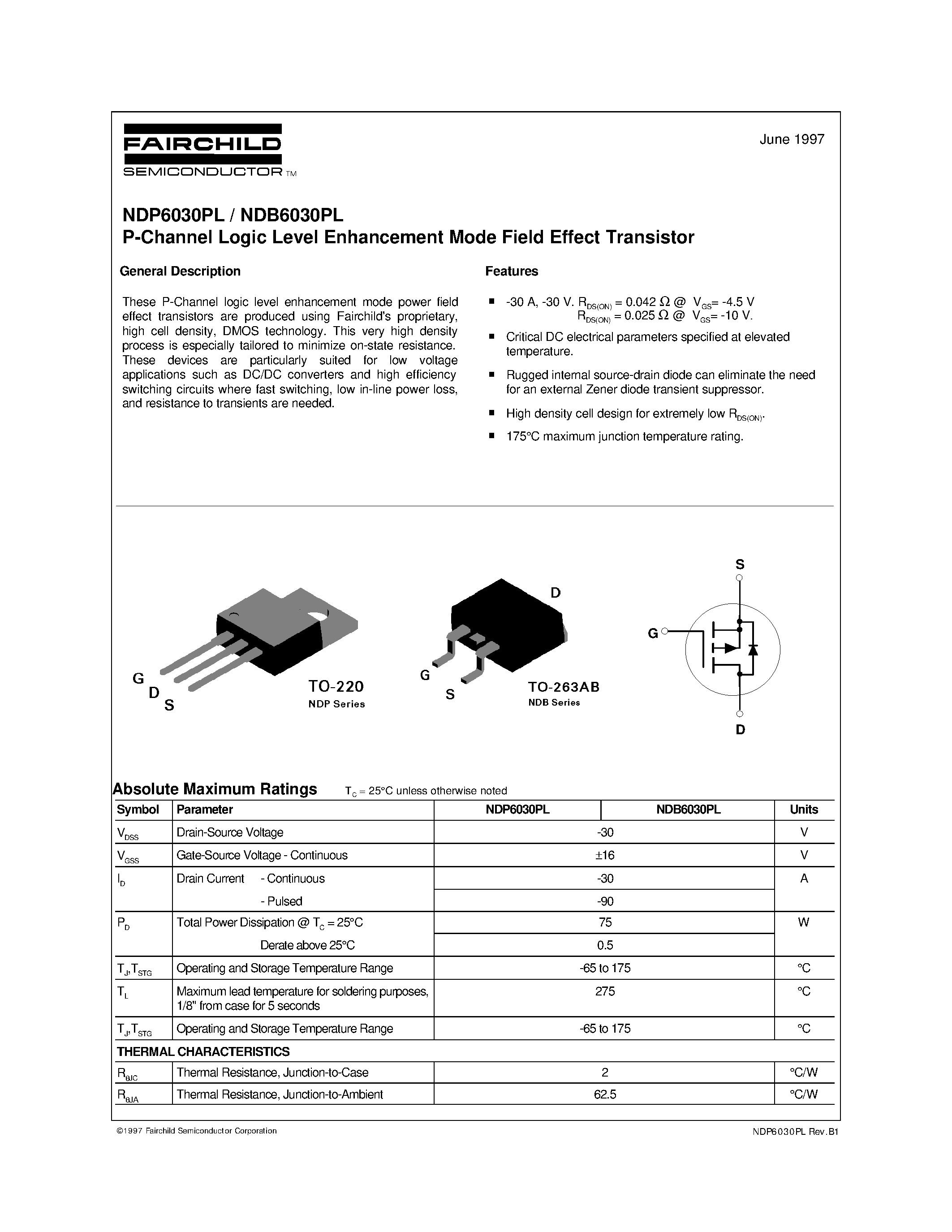 Даташит NDB6030PL - P-Channel Logic Level Enhancement Mode Field Effect Transistor страница 1