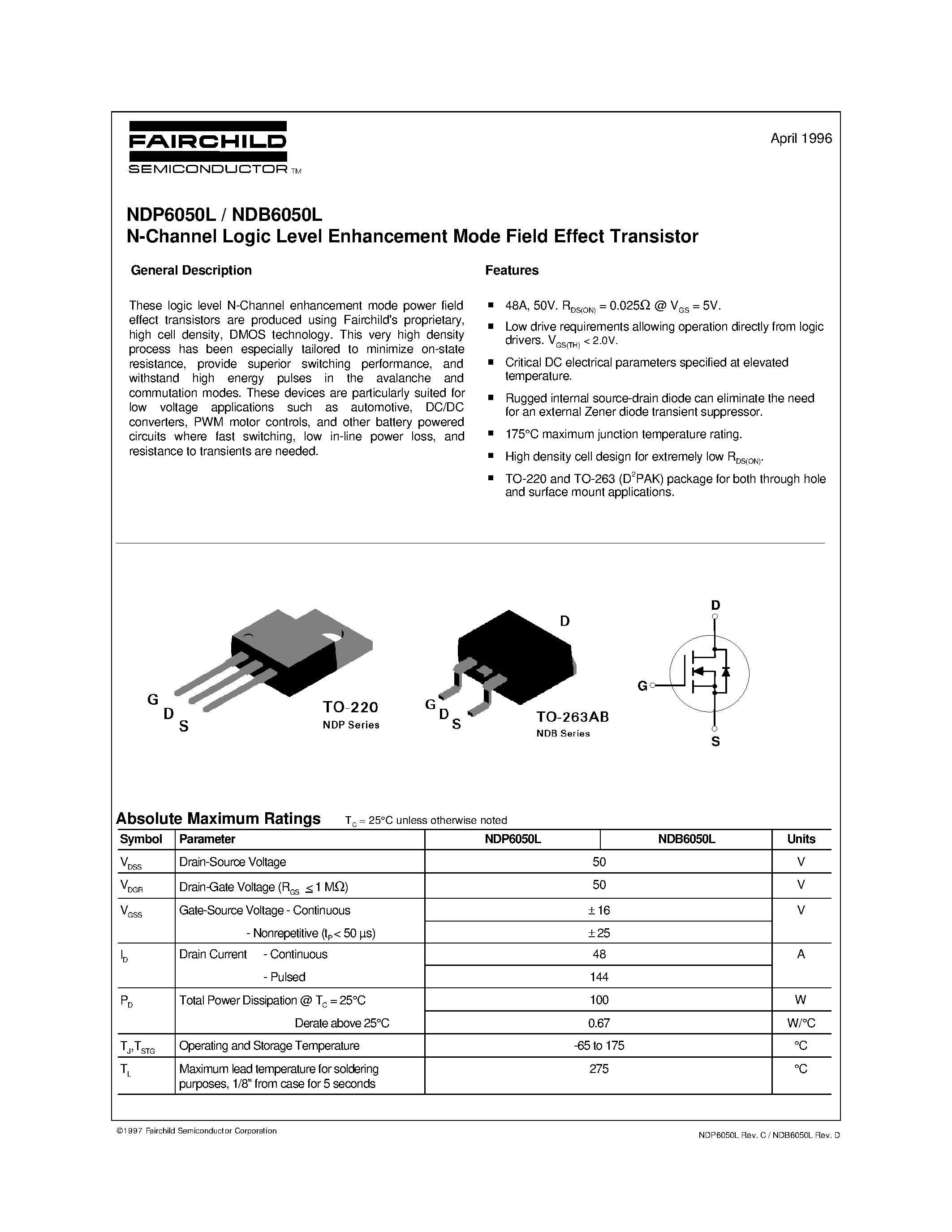 Datasheet NDB6050L - N-Channel Logic Level Enhancement Mode Field Effect Transistor page 1