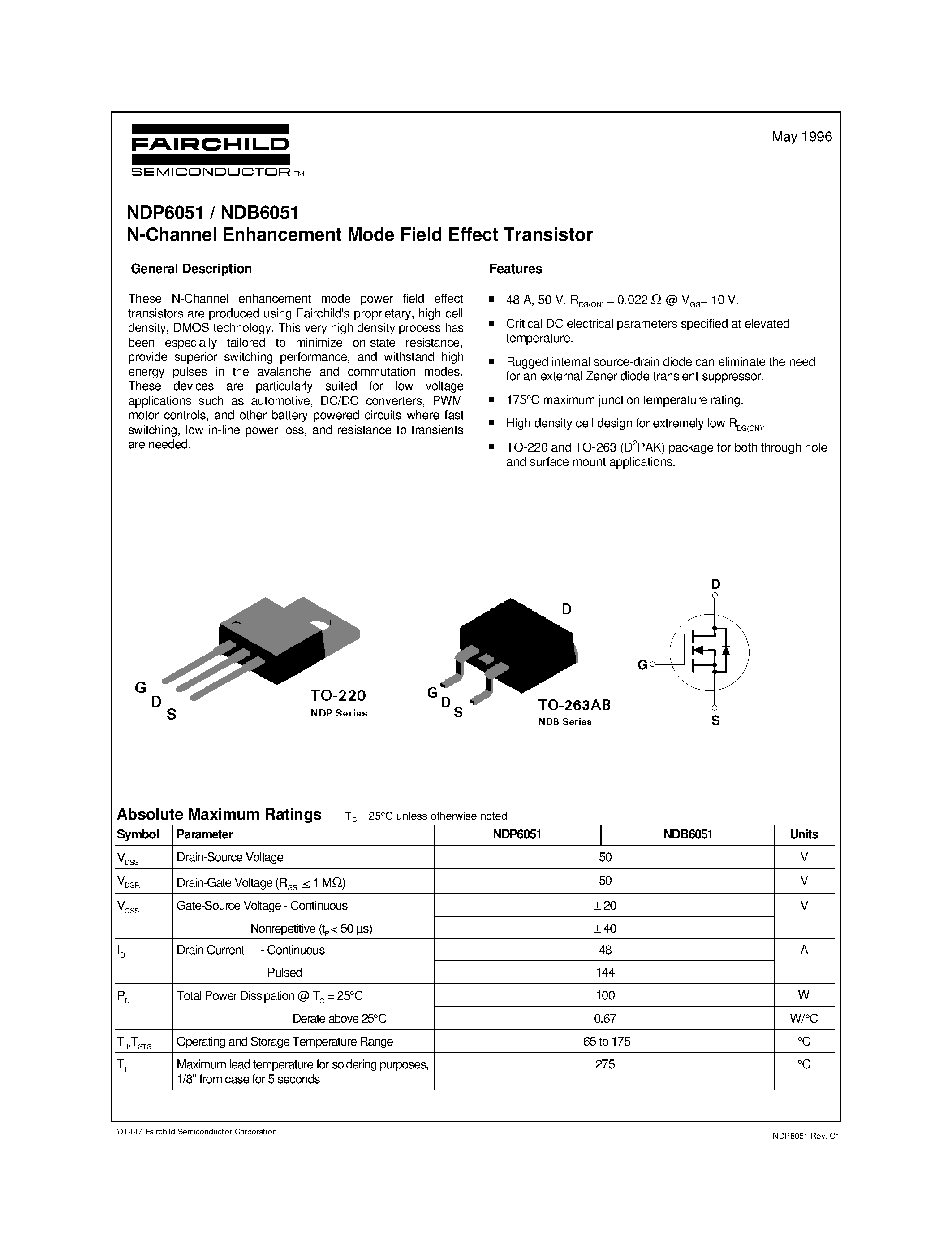 Datasheet NDB6051 - N-Channel Enhancement Mode Field Effect Transistor page 1