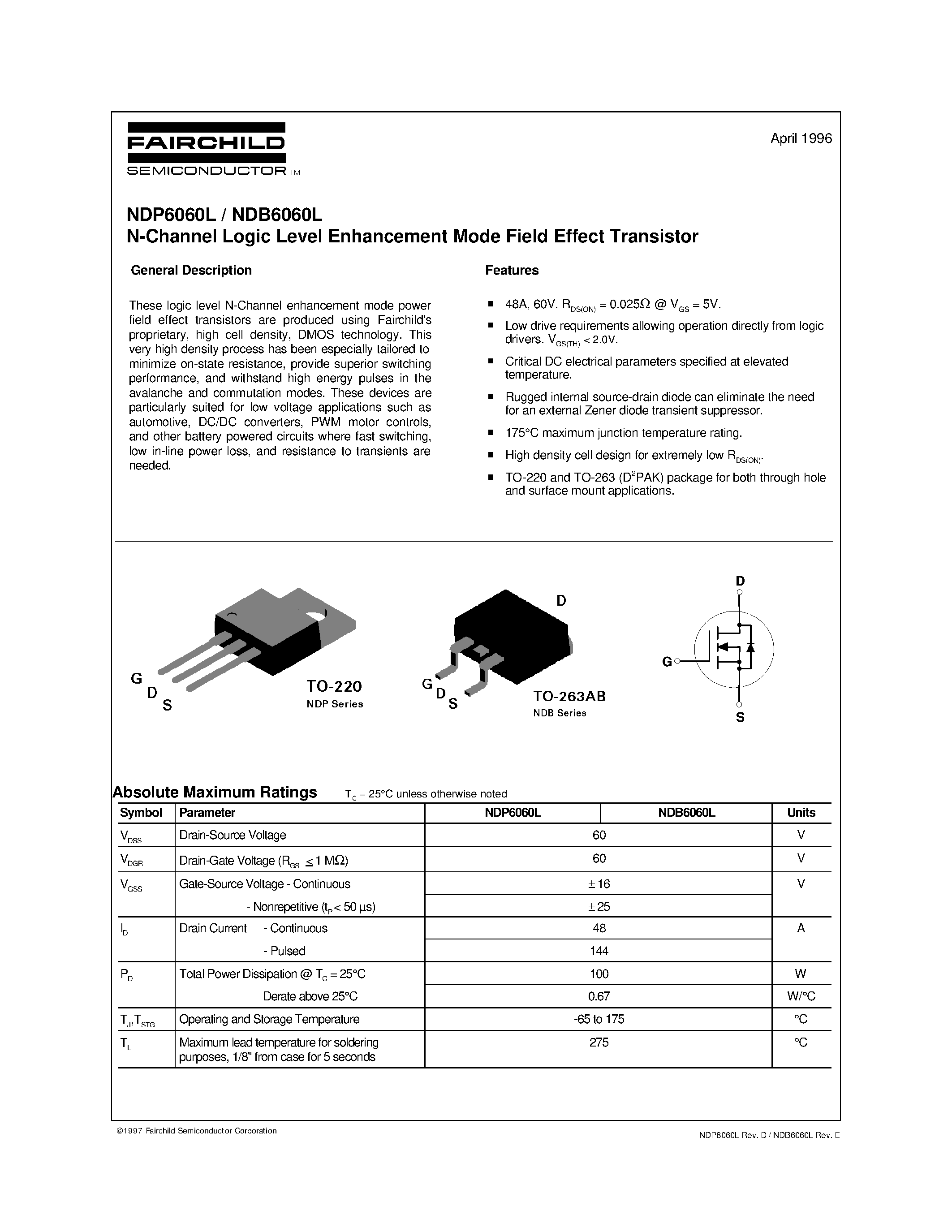 Datasheet NDB6060L - N-Channel Logic Level Enhancement Mode Field Effect Transistor page 1