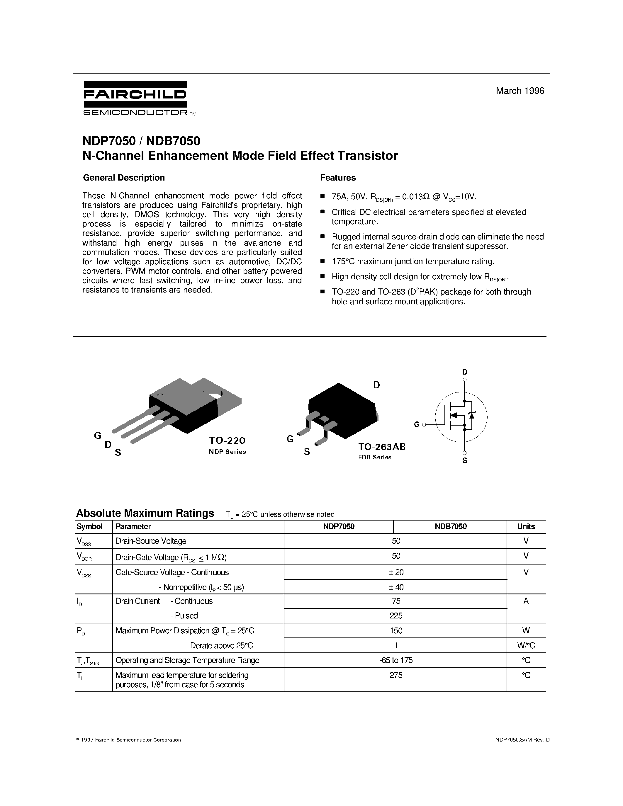 Datasheet NDB7050 page 1 Datasheet NDB7050 - N-Channel Enhancement Mode Field Effect Transistor page 1