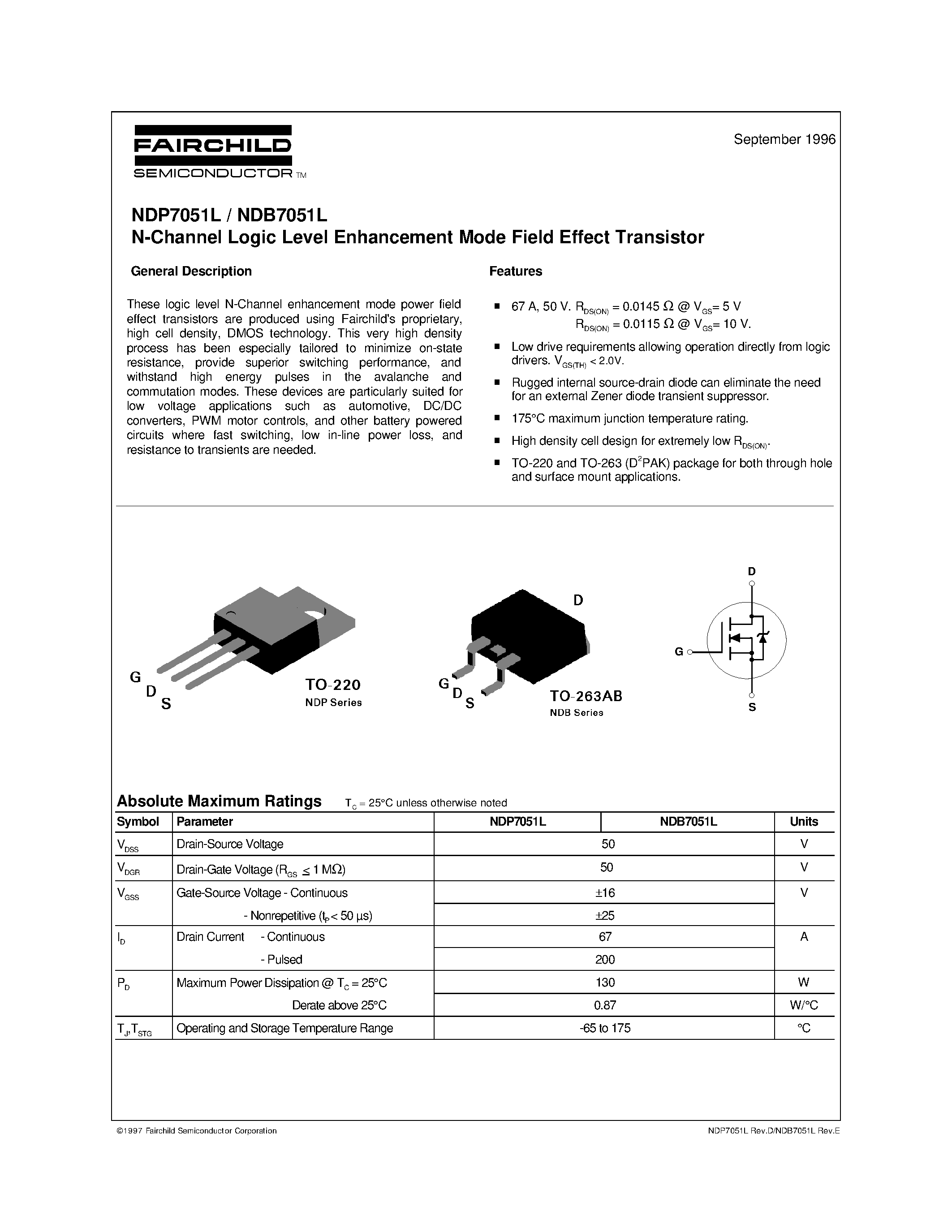 Datasheet NDB7051L page 1 Datasheet NDB7051L - N-Channel Logic Level Enhancement Mode Field Effect Transistor page 1