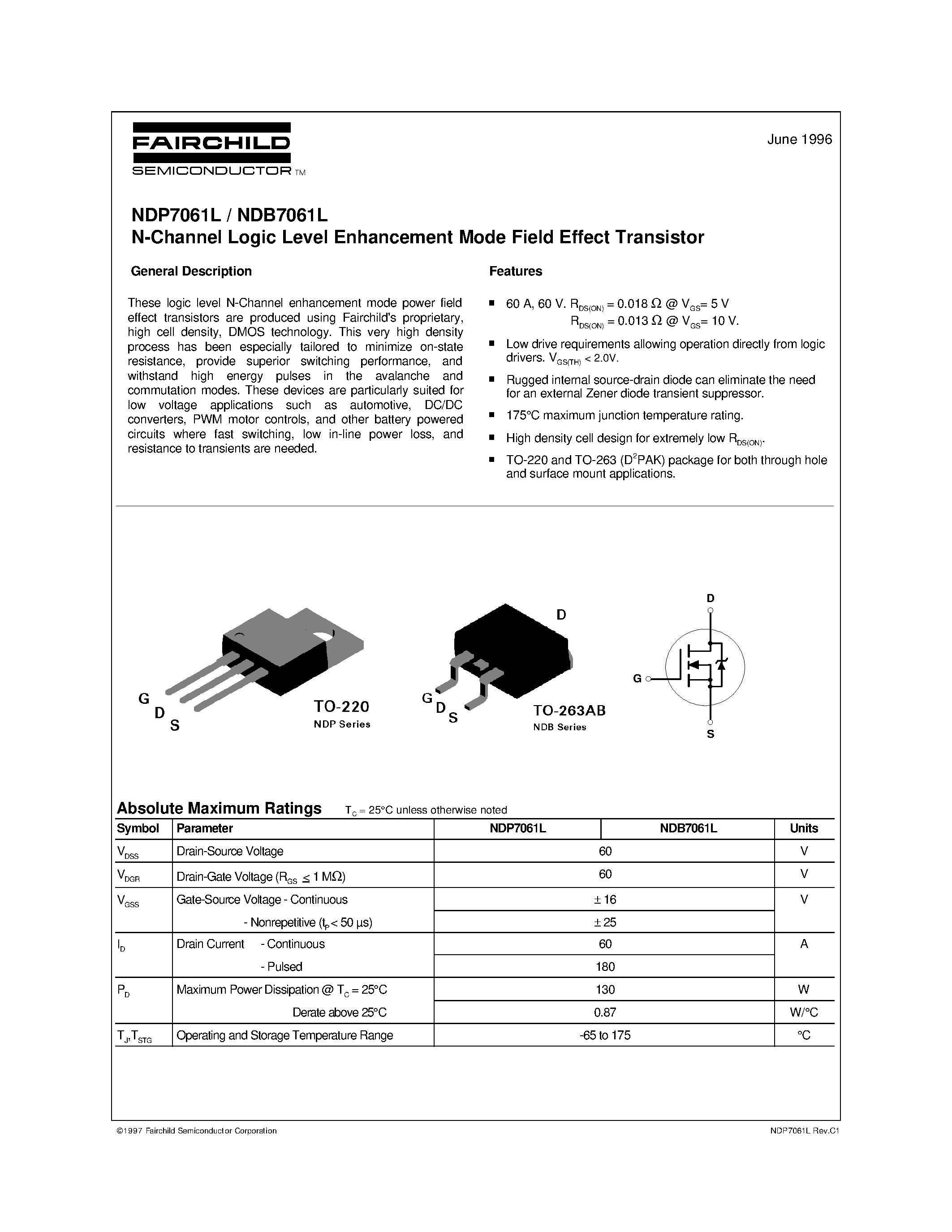Datasheet NDB7061L - N-Channel Logic Level Enhancement Mode Field Effect Transistor page 1