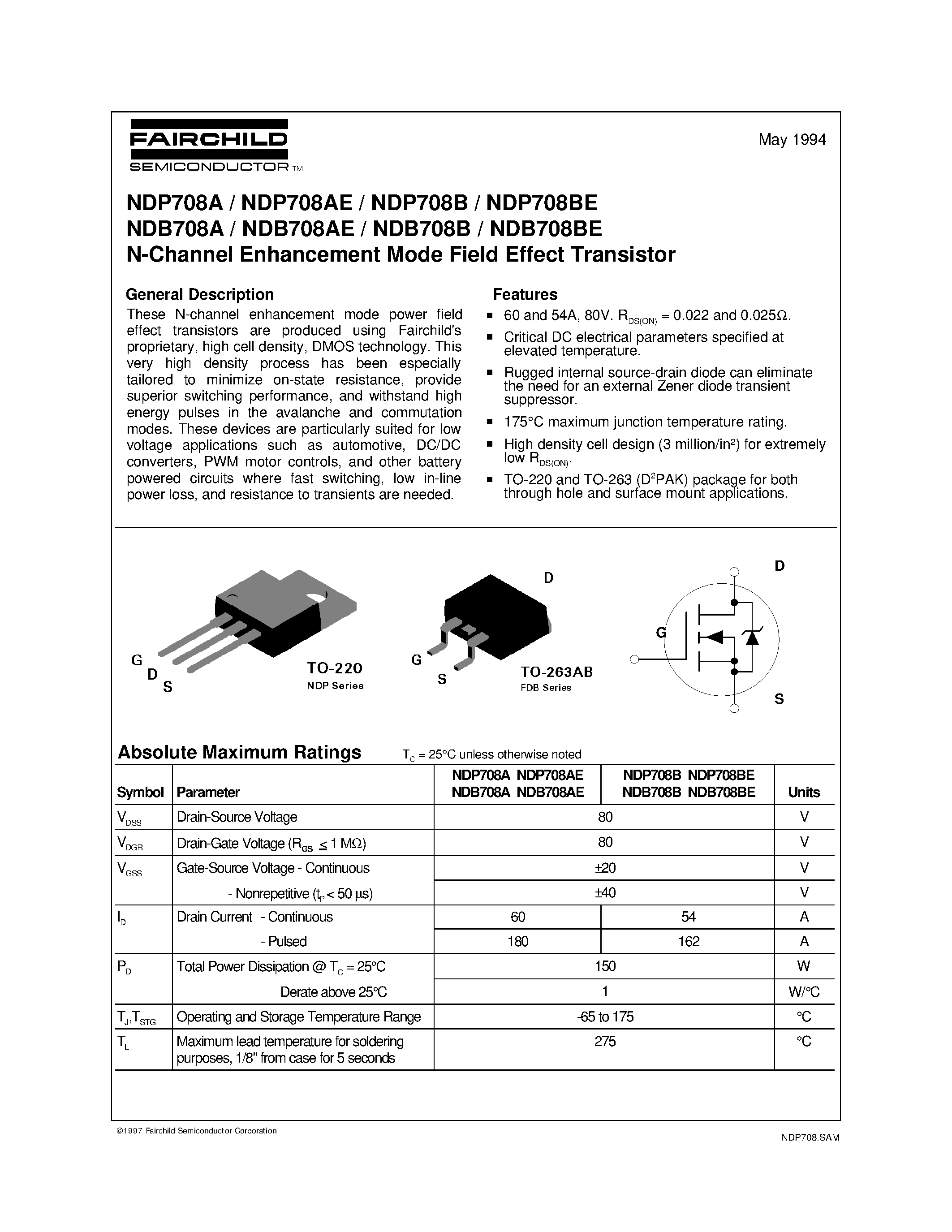 Datasheet NDB708B page 1 Datasheet NDB708B - N-Channel Enhancement Mode Field Effect Transistor page 1