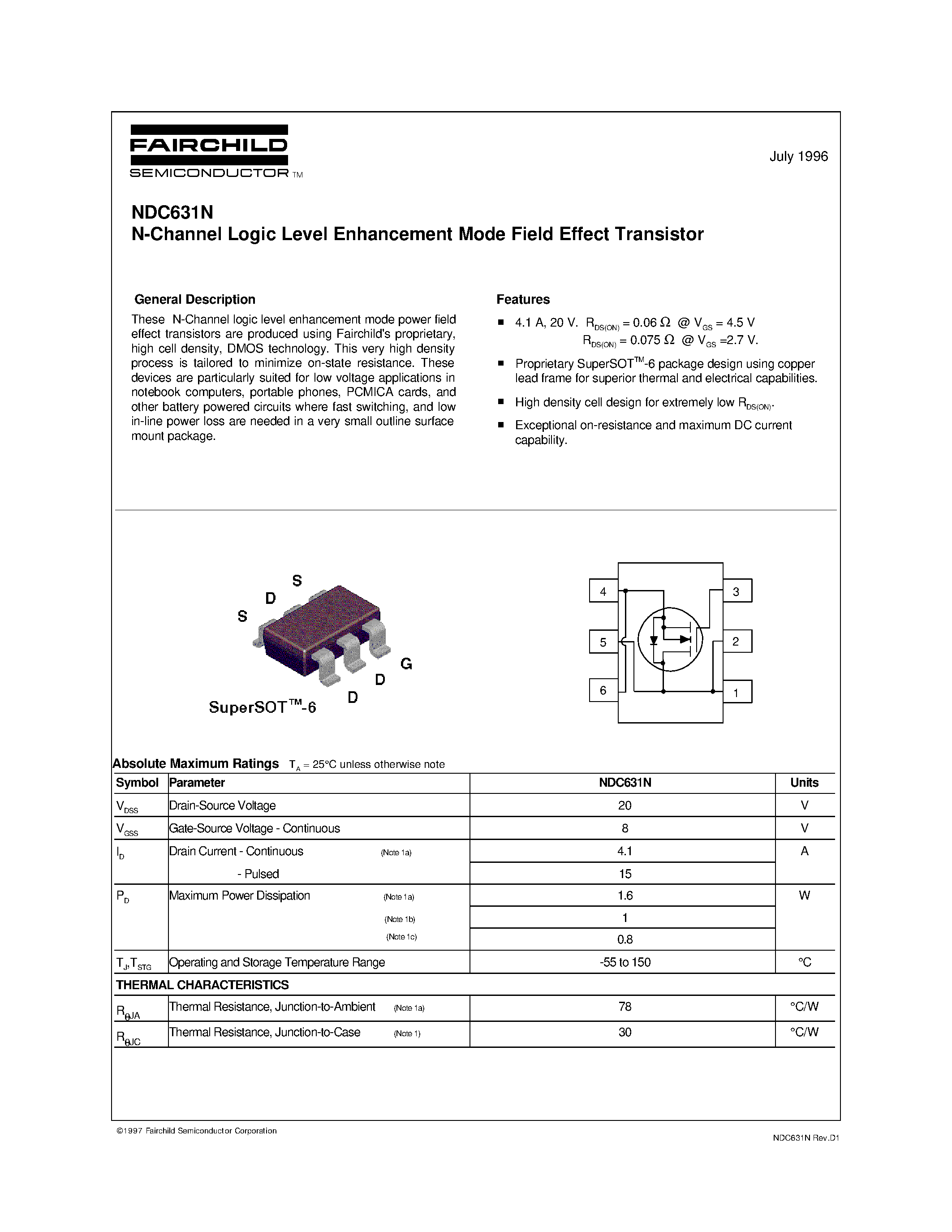 Datasheet NDC631N - N-Channel Logic Level Enhancement Mode Field Effect Transistor page 1