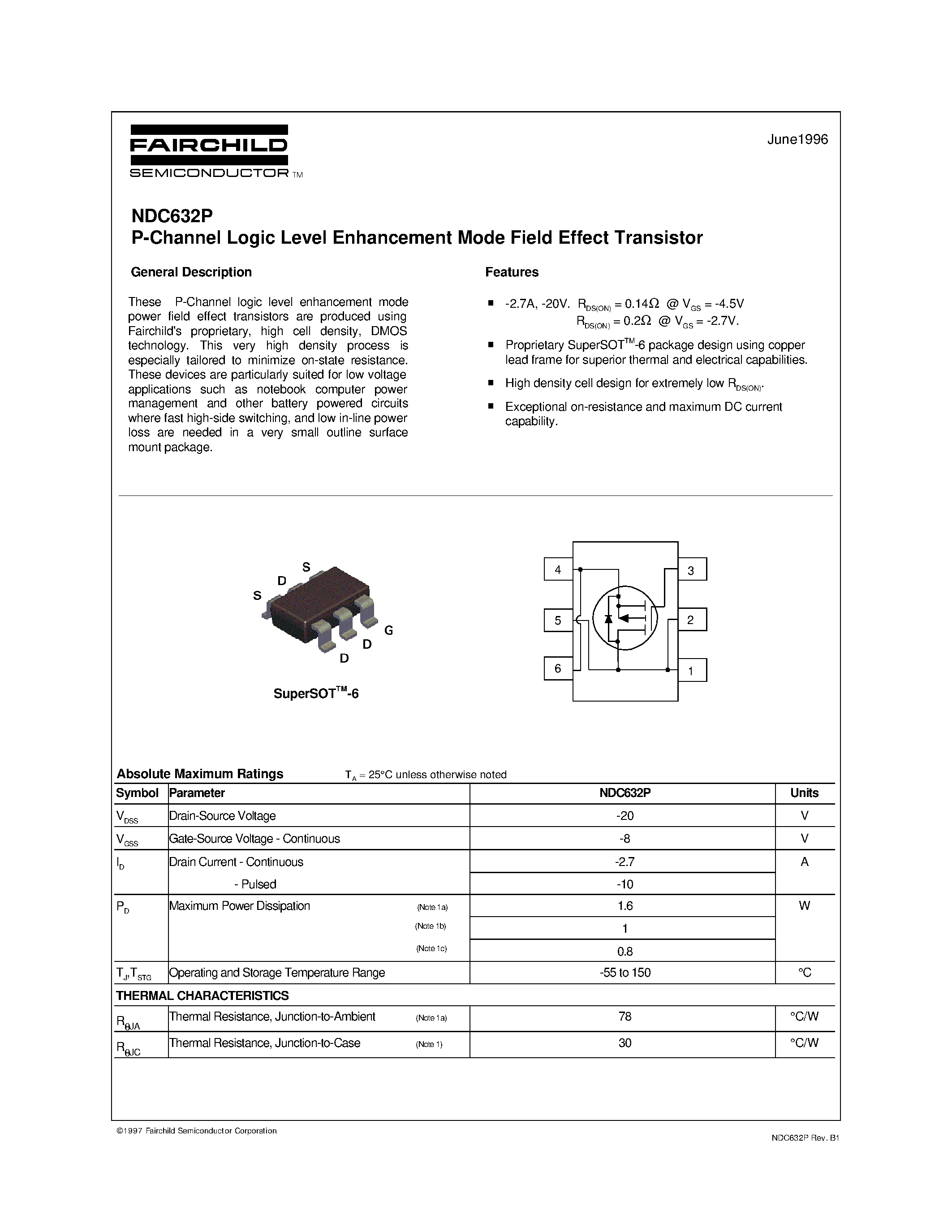 Даташит NDC632P - P-Channel Logic Level Enhancement Mode Field Effect Transistor страница 1