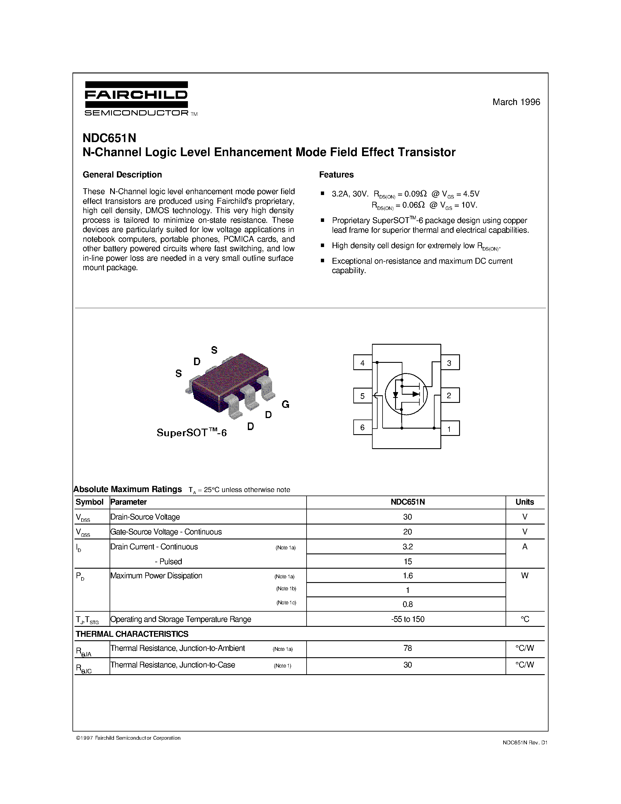 Datasheet NDC651N - N-Channel Logic Level Enhancement Mode Field Effect Transistor page 1