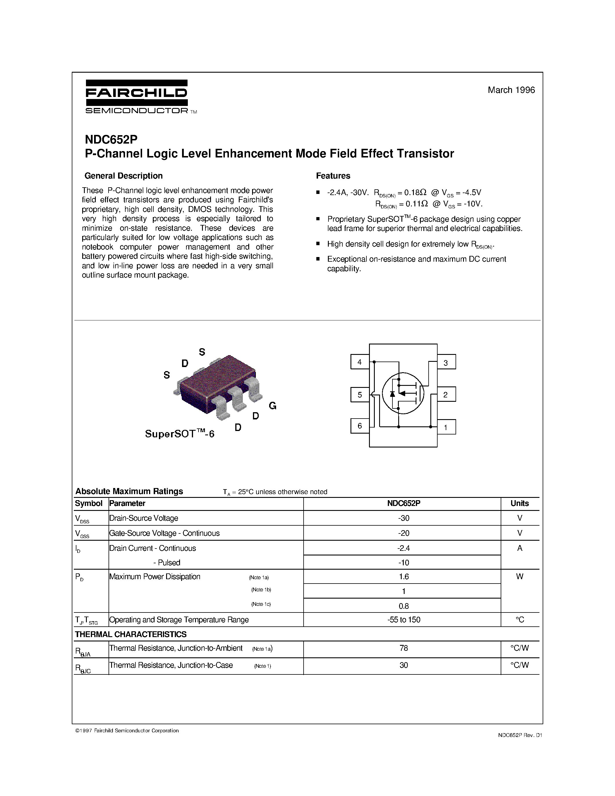 Даташит NDC652 - P-Channel Logic Level Enhancement Mode Field Effect Transistor страница 1
