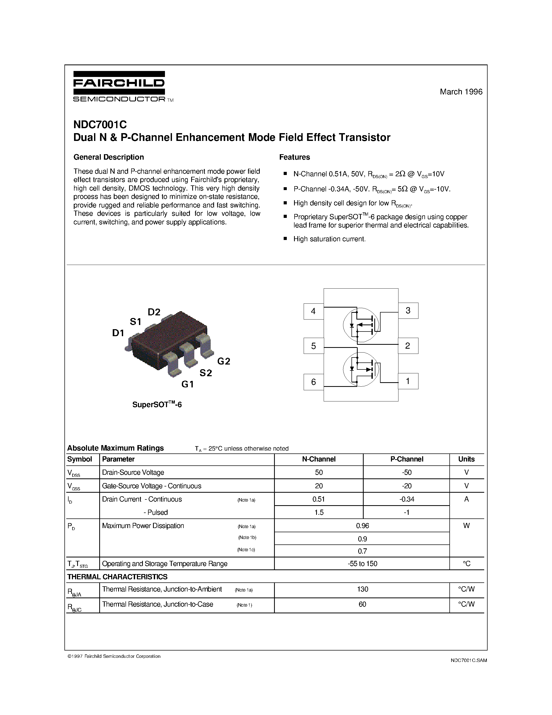 Datasheet NDC7001C - Dual N & P-Channel Enhancement Mode Field Effect Transistor page 1