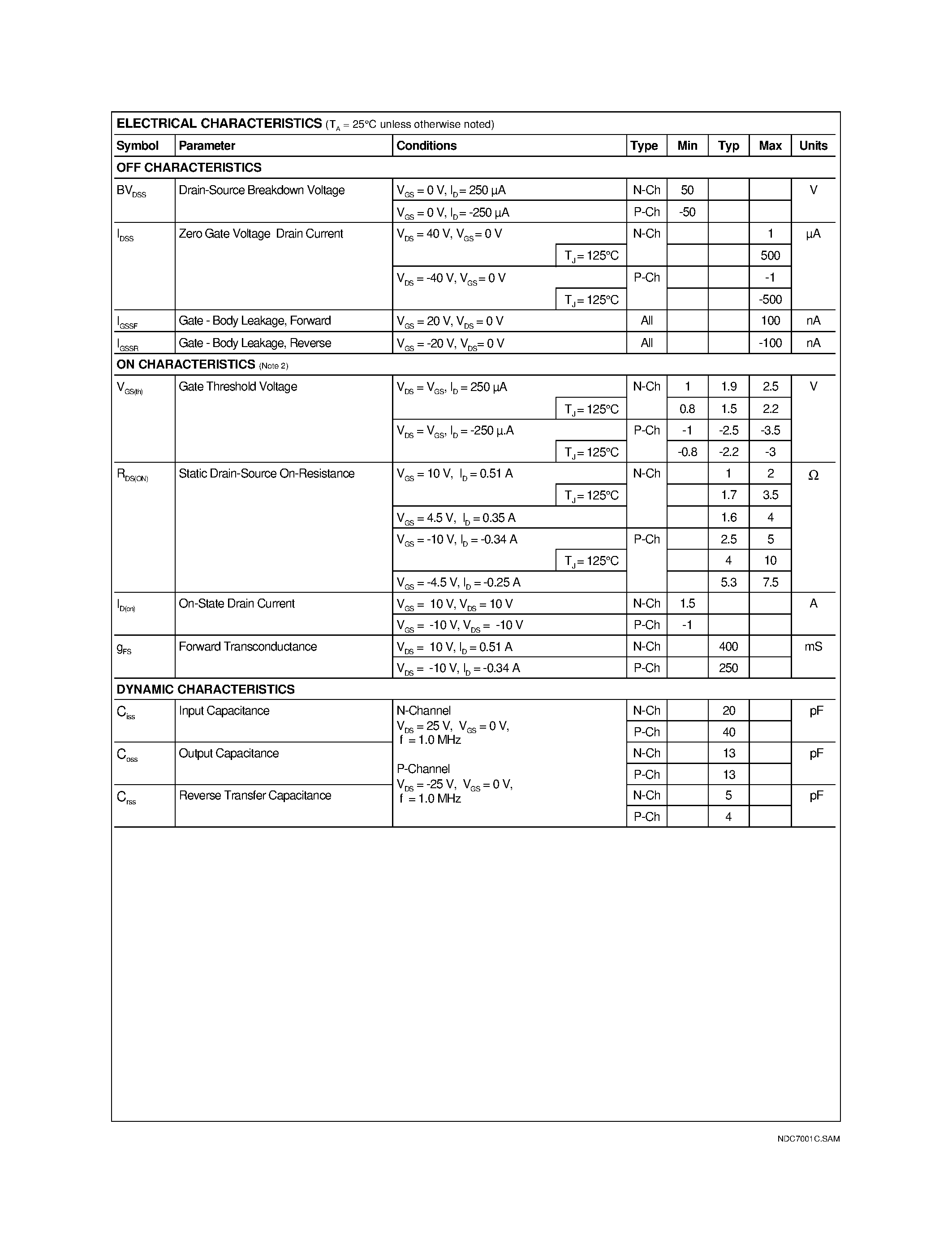 Datasheet NDC7001C - Dual N & P-Channel Enhancement Mode Field Effect Transistor page 2
