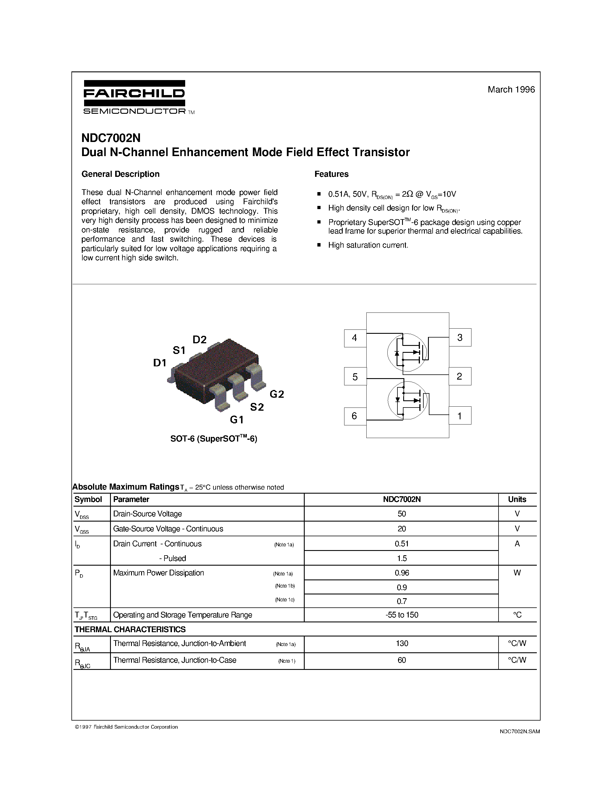Datasheet NDC7002 page 1 Datasheet NDC7002 - Dual N-Channel Enhancement Mode Field Effect Transistor page 1