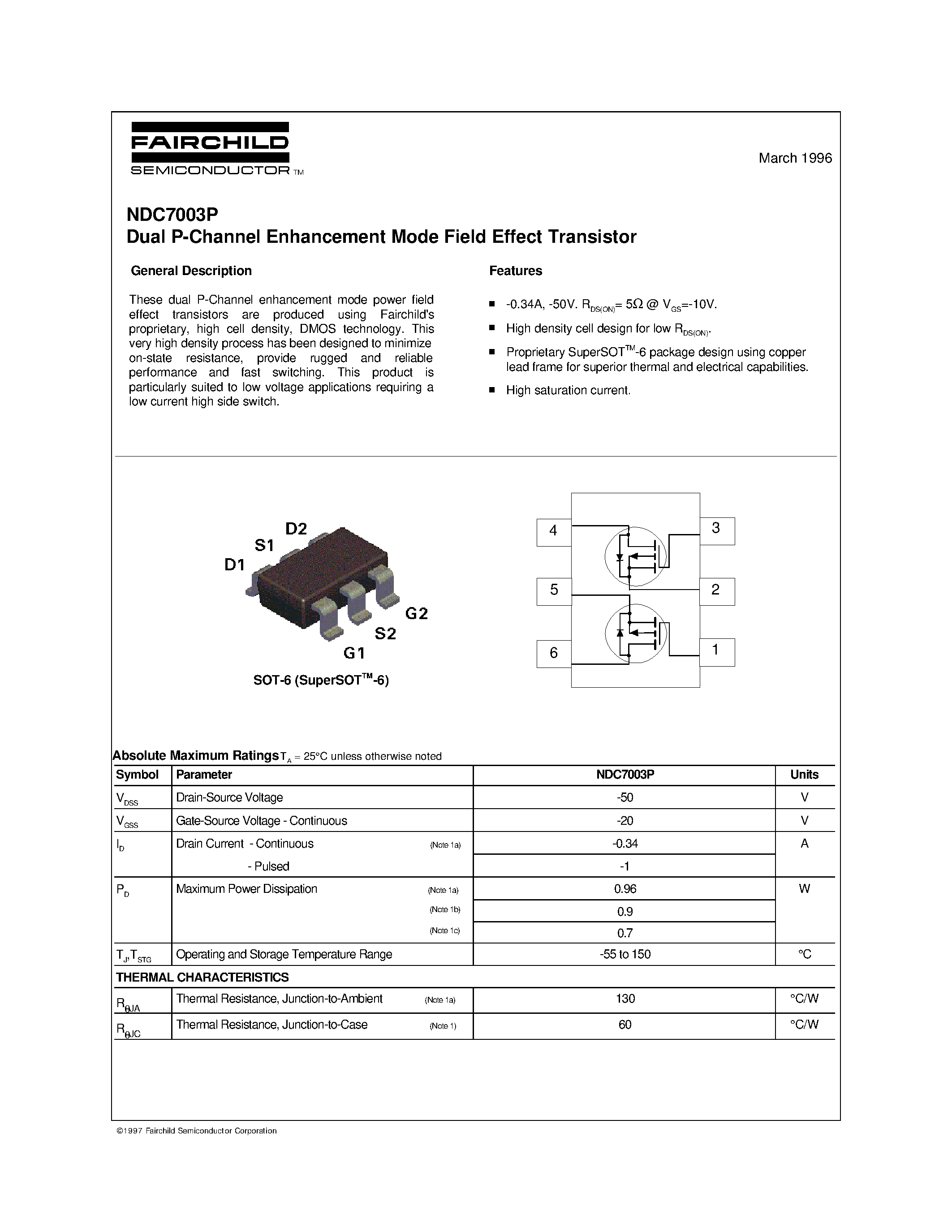 Даташит NDC7003P - Dual P-Channel Enhancement Mode Field Effect Transistor страница 1