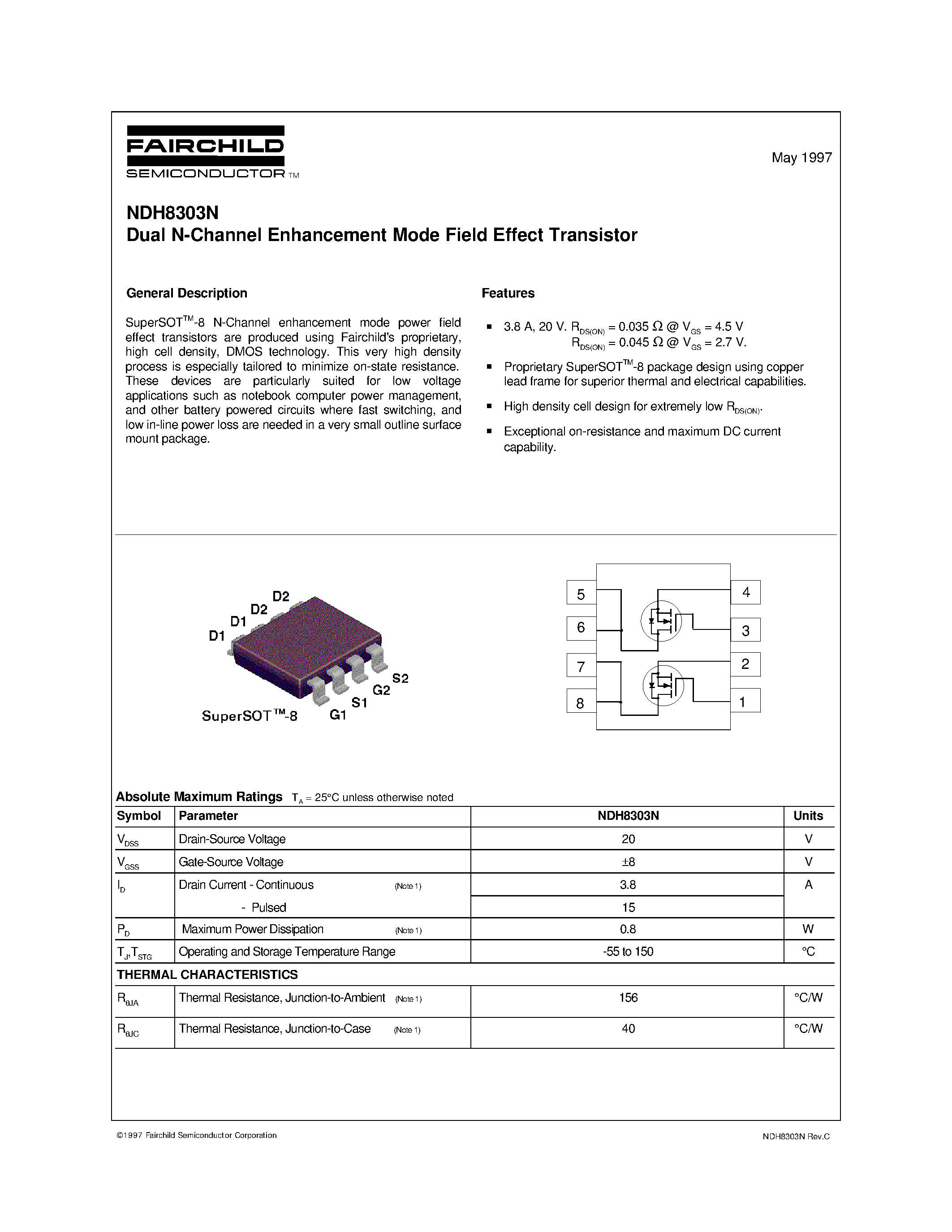 Datasheet NDH8303N - Dual N-Channel Enhancement Mode Field Effect Transistor page 1