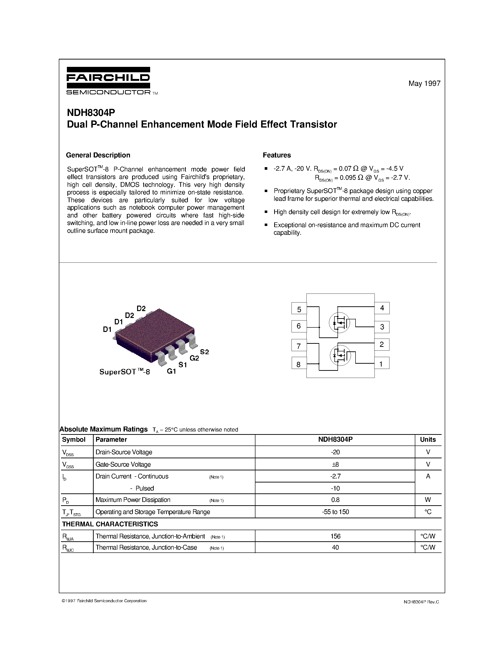 Даташит NDH8304 - Dual P-Channel Enhancement Mode Field Effect Transistor страница 1
