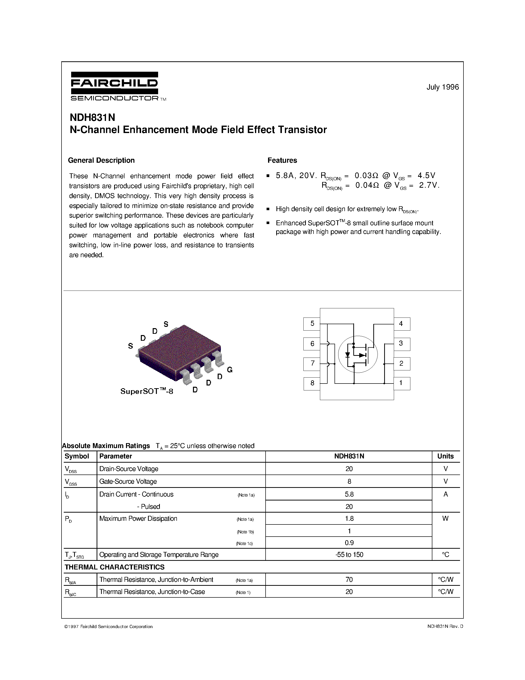 Datasheet NDH831N - N-Channel Enhancement Mode Field Effect Transistor page 1