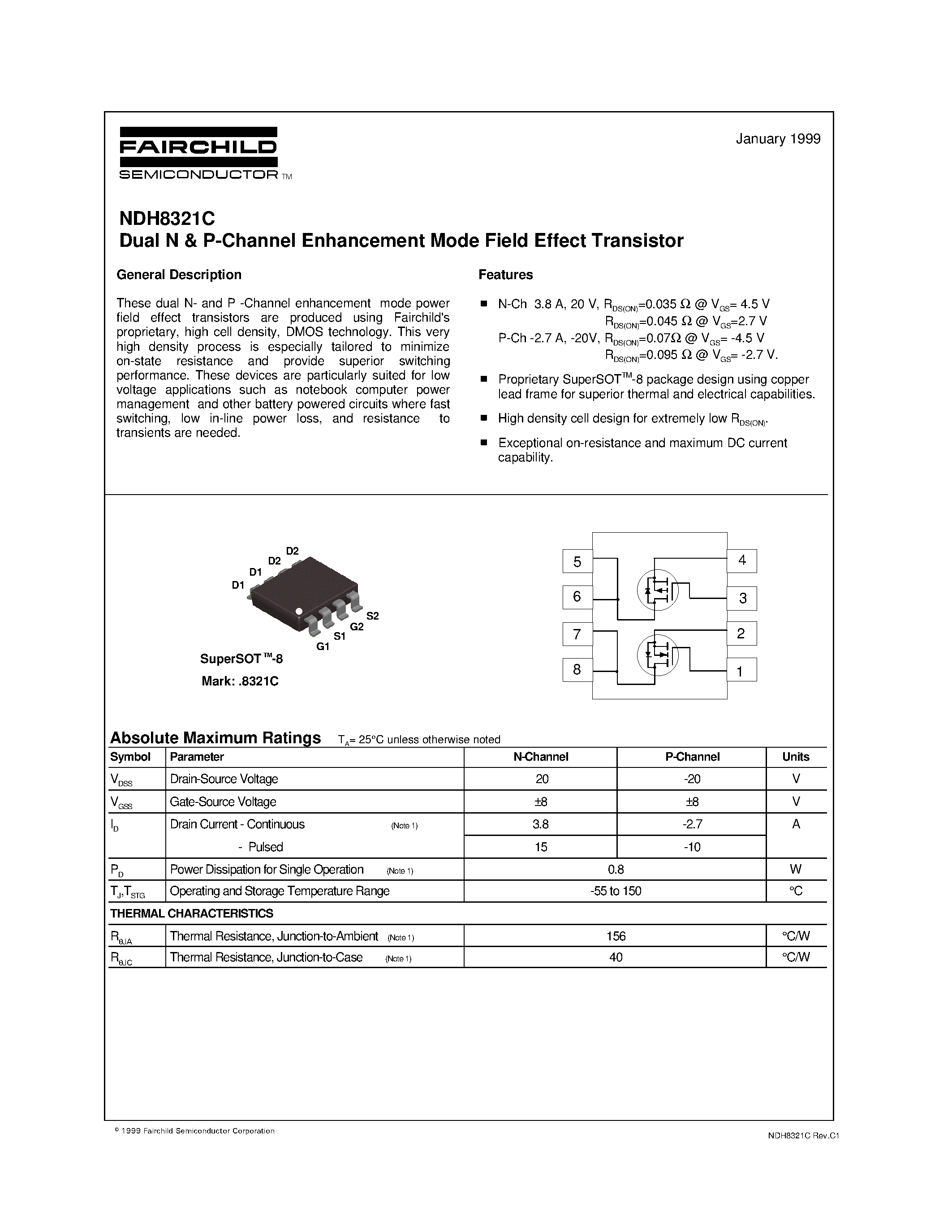 Даташит NDH8321C - Dual N & P-Channel Enhancement Mode Field Effect Transistor страница 1
