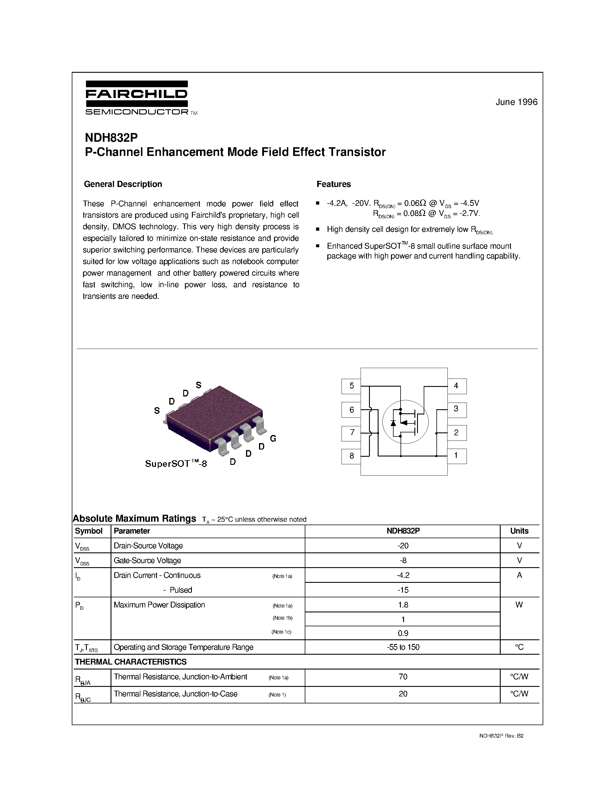 Даташит NDH832P - P-Channel Enhancement Mode Field Effect Transistor страница 1