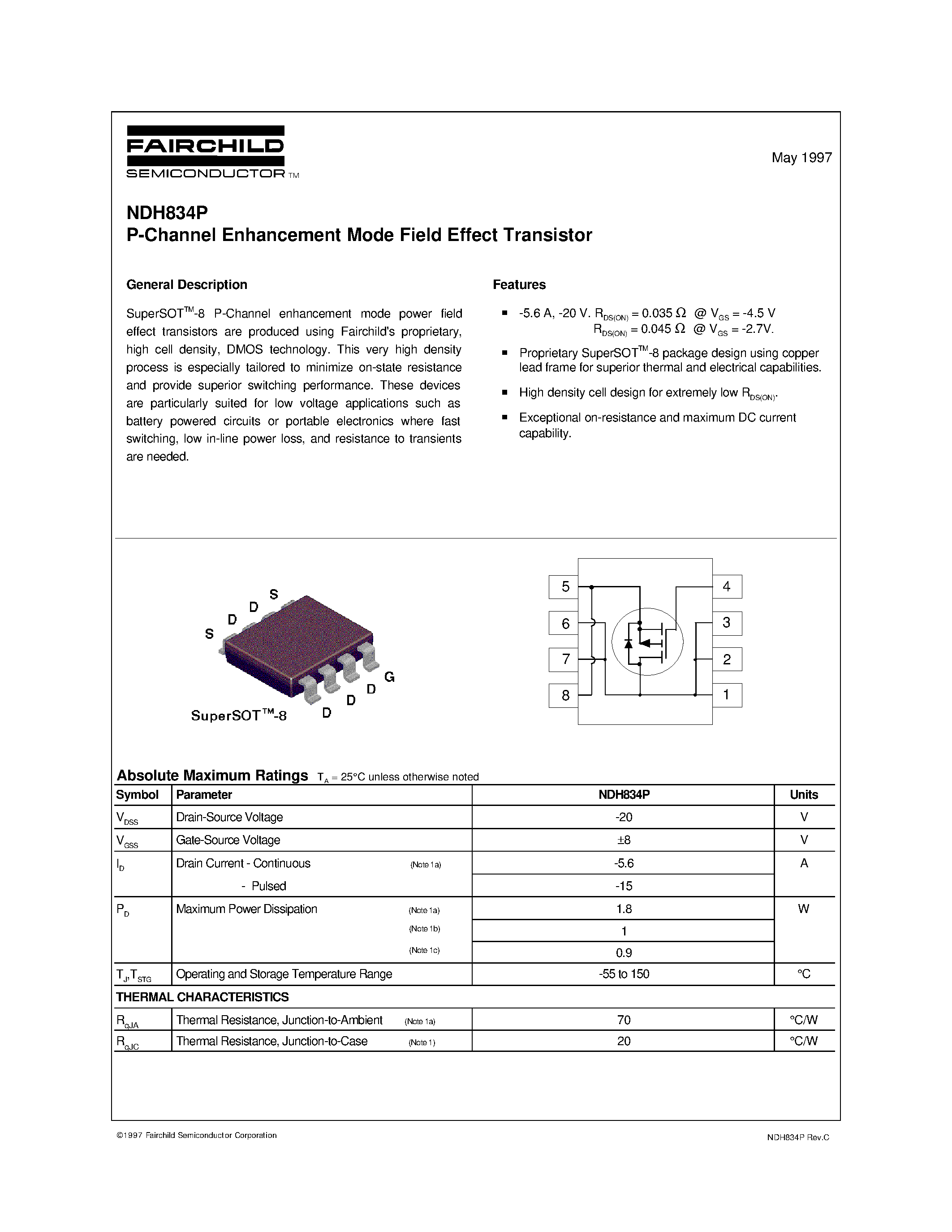 Даташит NDH834P - P-Channel Enhancement Mode Field Effect Transistor страница 1