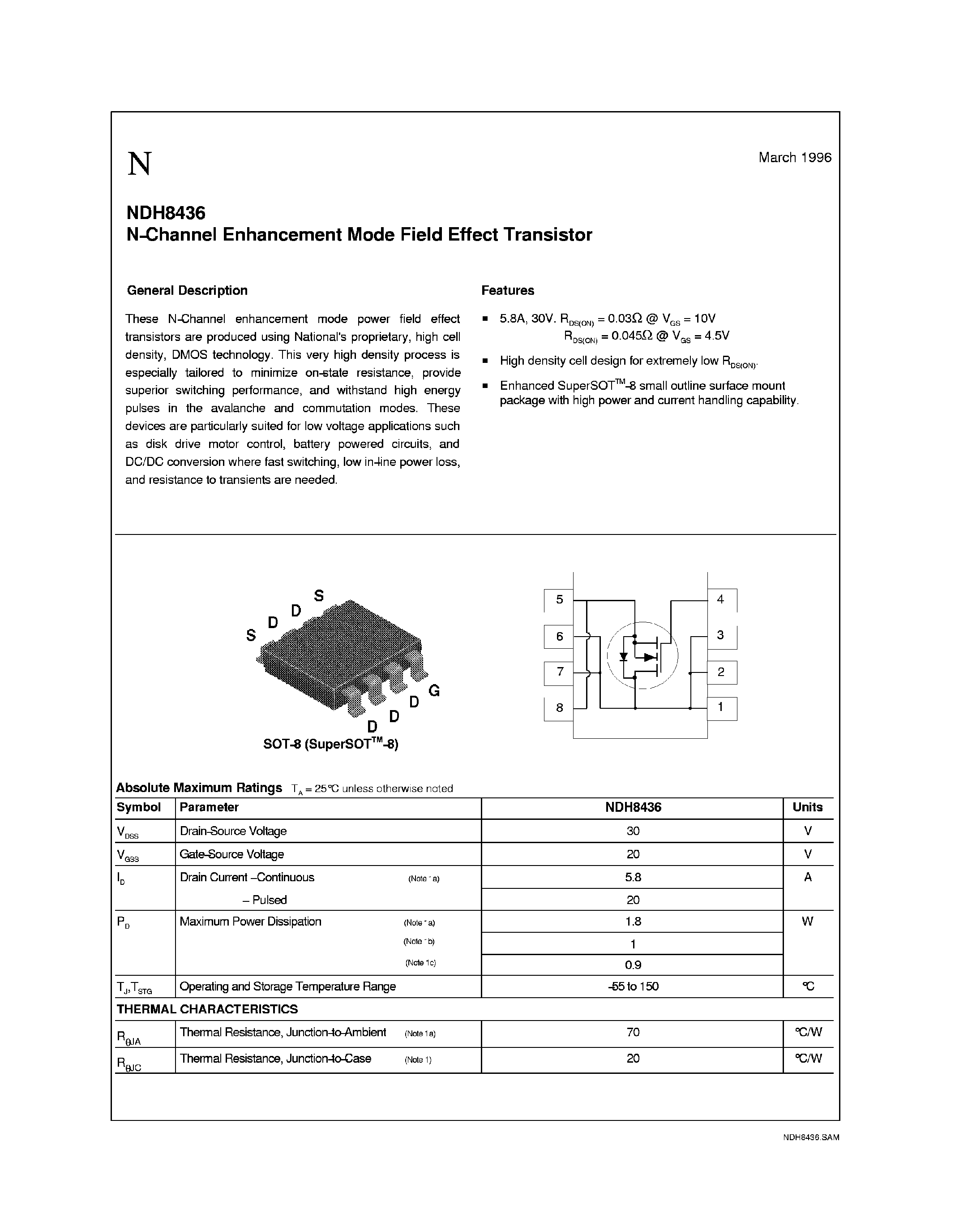 Datasheet NDH8436 - N-Channel Enhancement Mode Field Effect Transistor page 1