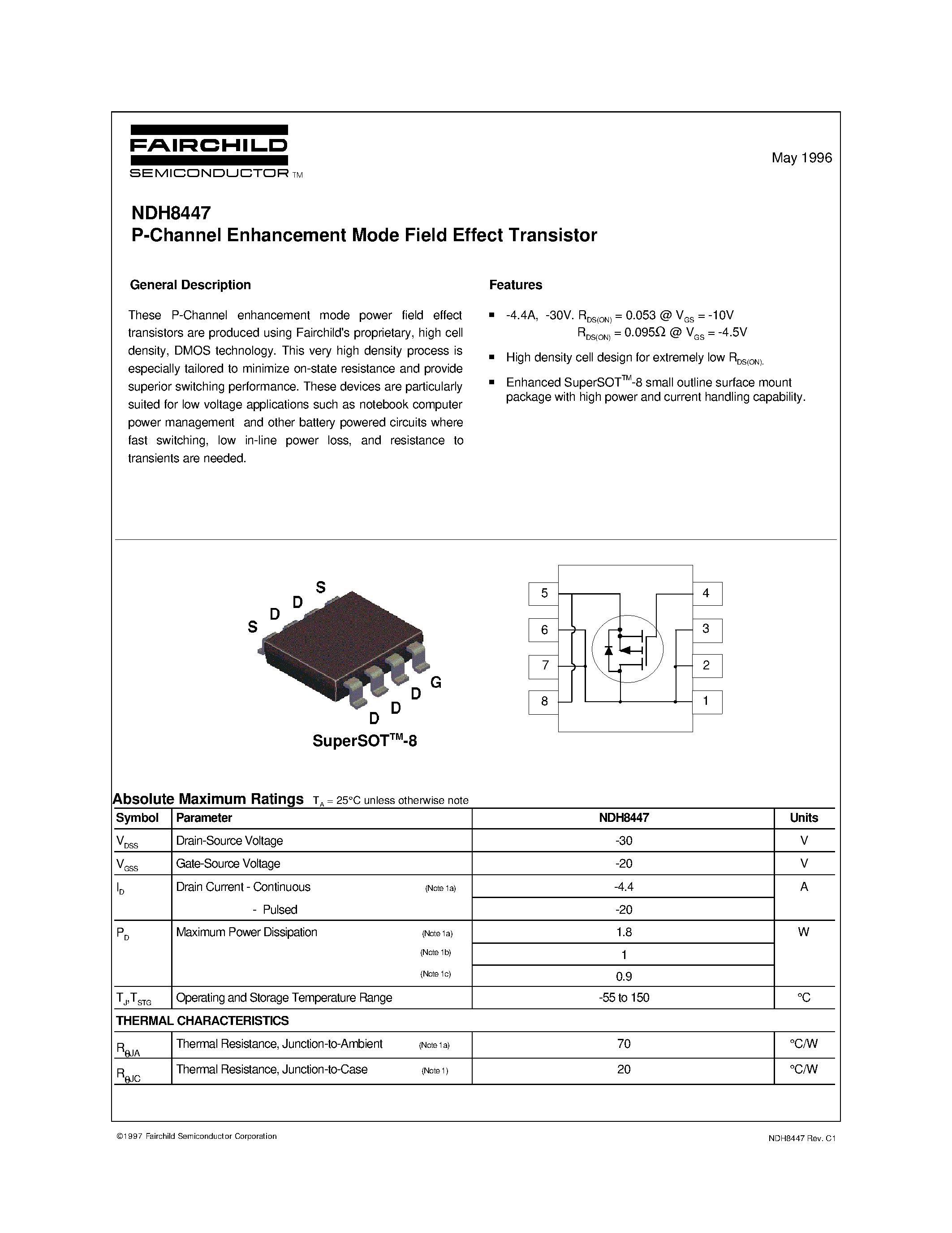 Даташит NDH8447 - P-Channel Enhancement Mode Field Effect Transistor страница 1