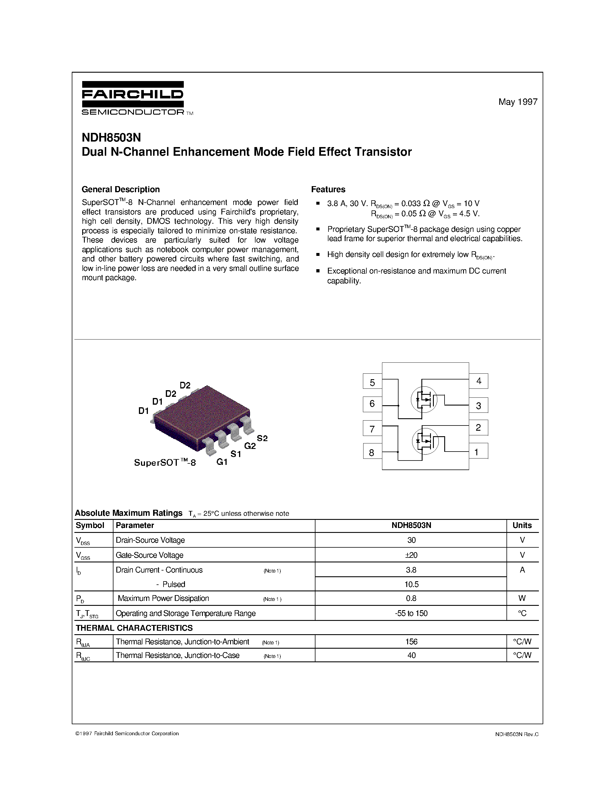 Datasheet NDH8503N - Dual N-Channel Enhancement Mode Field Effect Transistor page 1