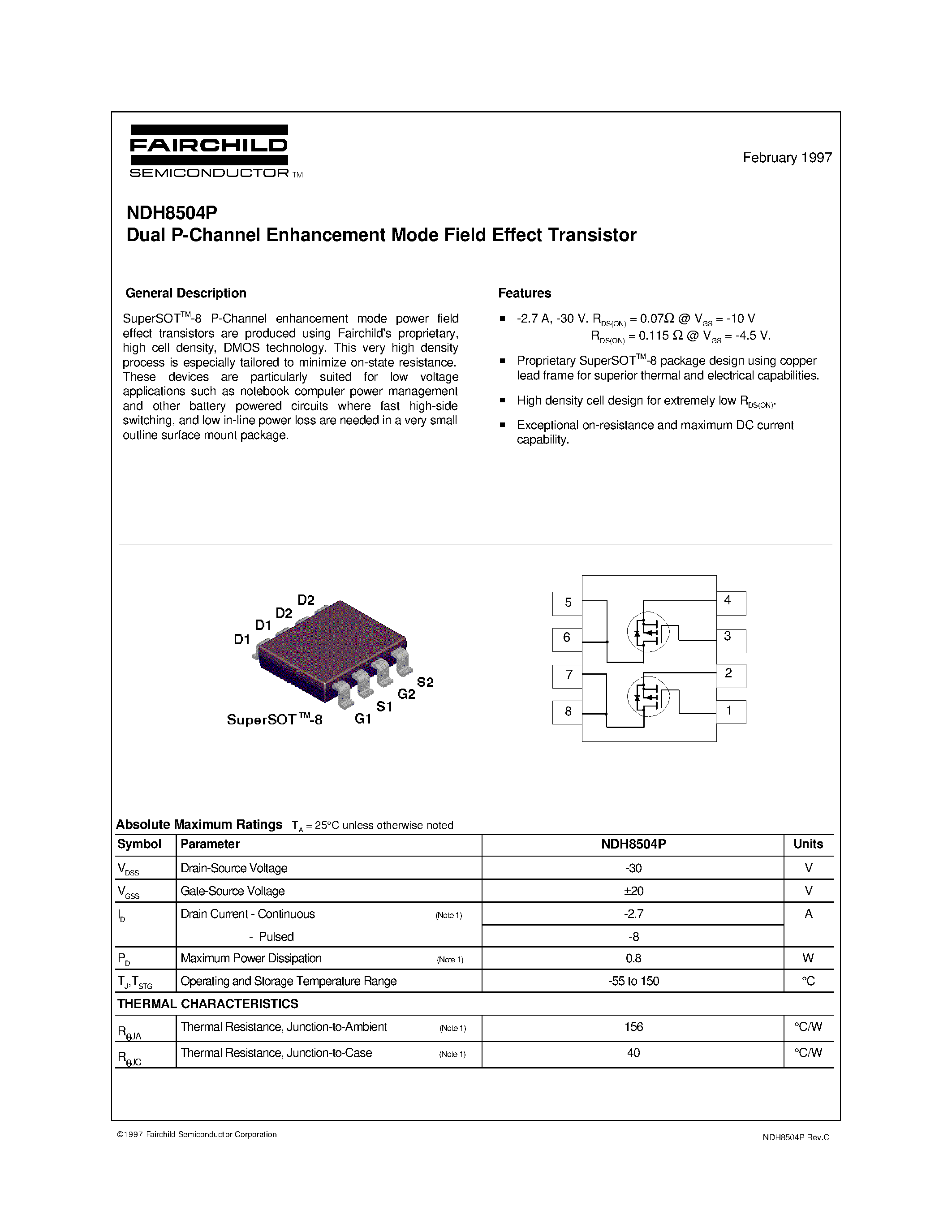 Даташит NDH8504P - Dual P-Channel Enhancement Mode Field Effect Transistor страница 1