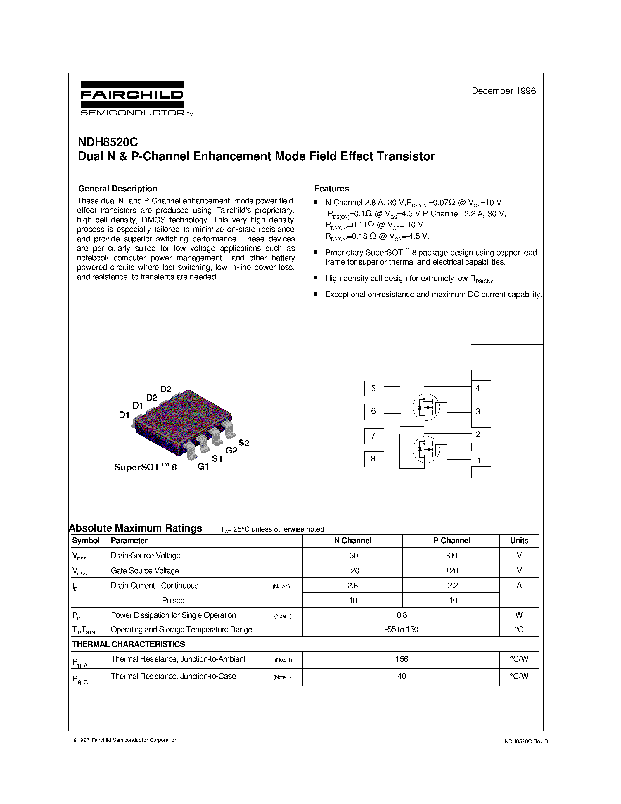 Даташит NDH8520C - Dual N & P-Channel Enhancement Mode Field Effect Transistor страница 1