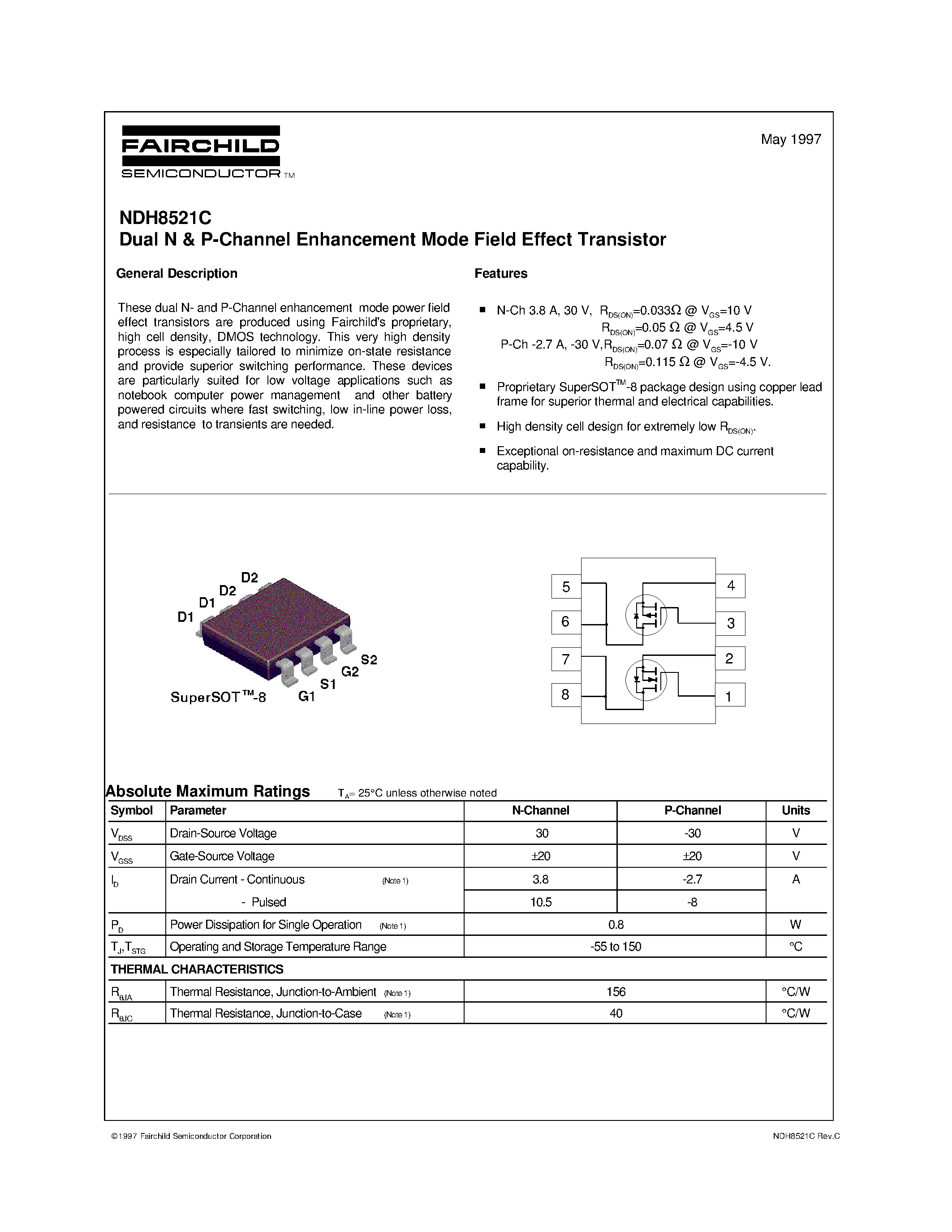 Даташит NDH8521C - Dual N & P-Channel Enhancement Mode Field Effect Transistor страница 1