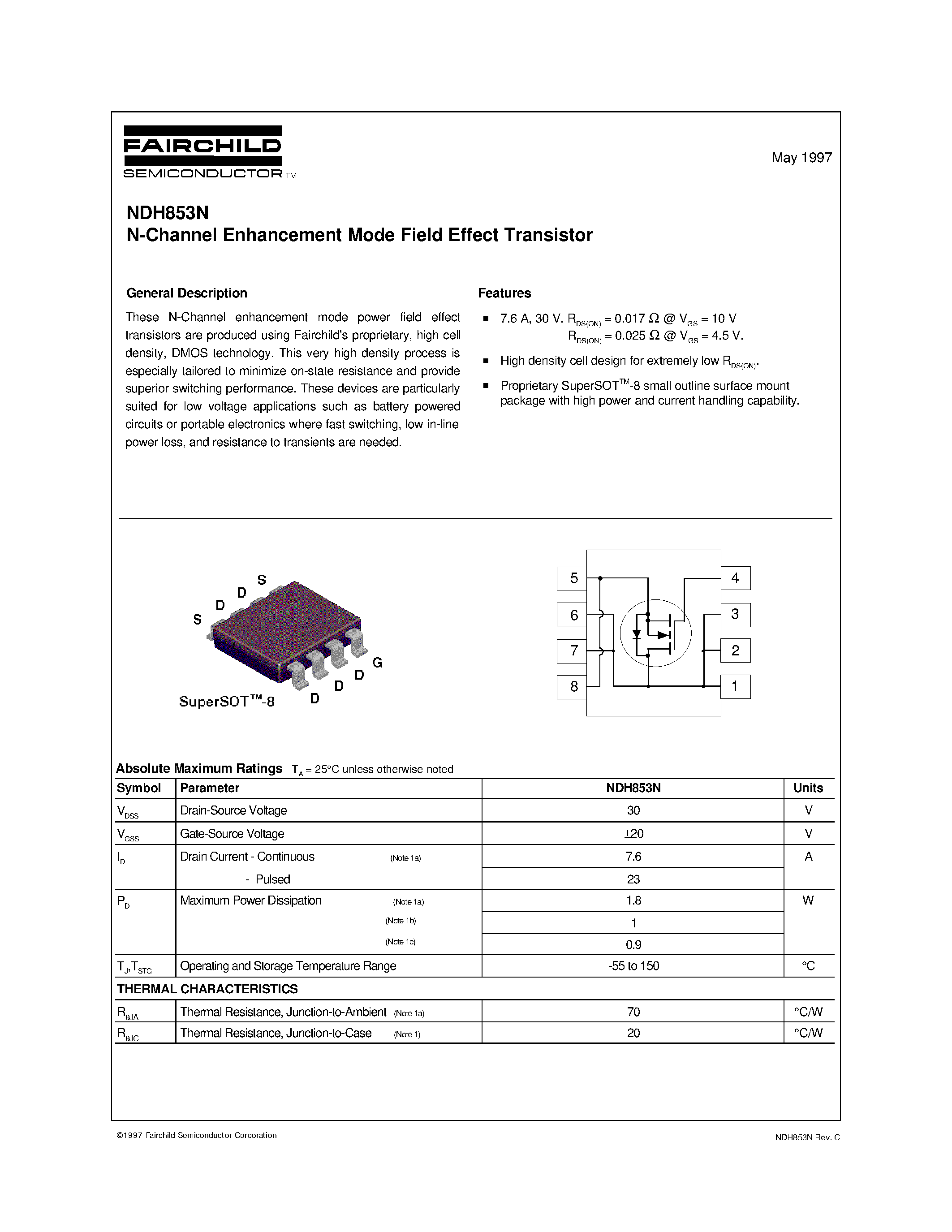 Datasheet NDH853N - N-Channel Enhancement Mode Field Effect Transistor page 1