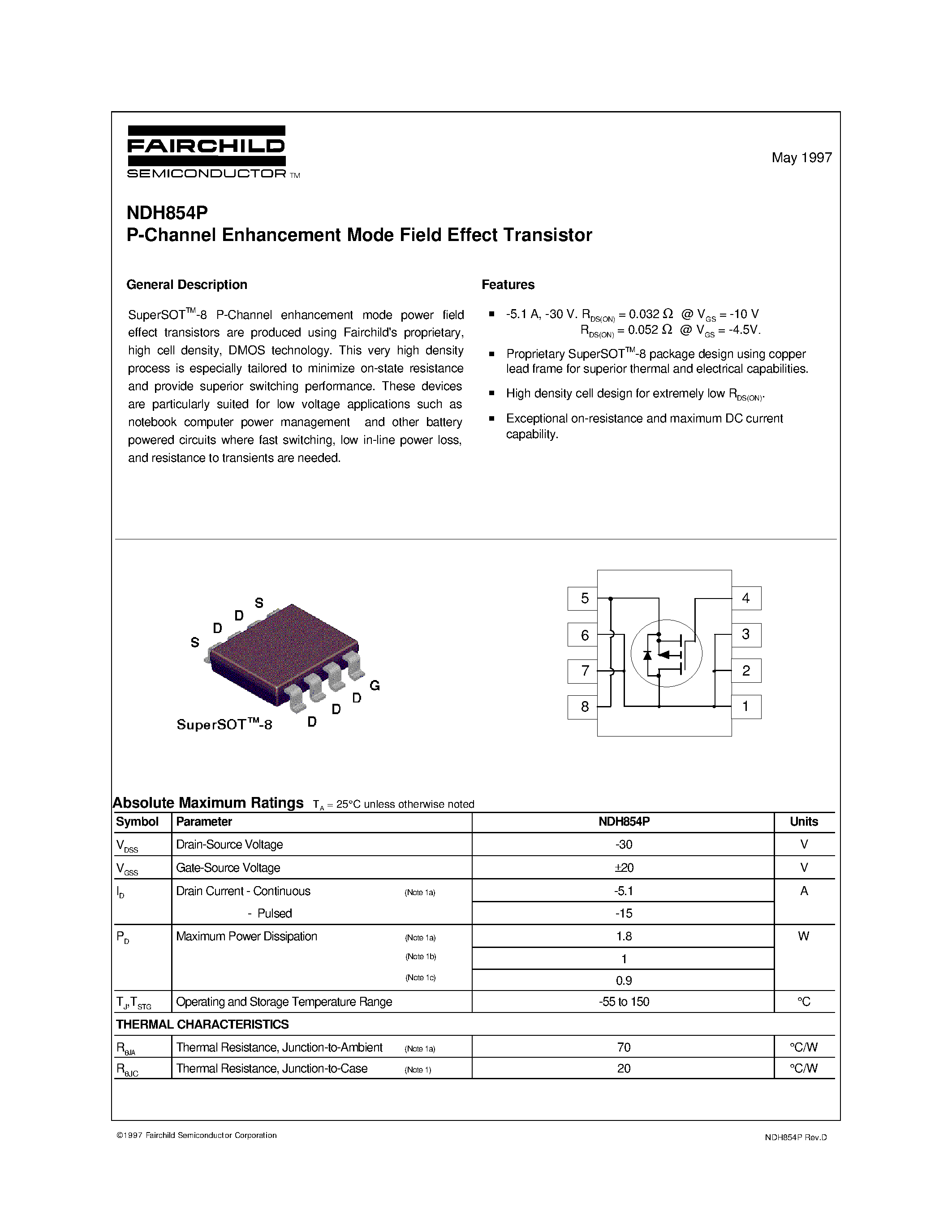 Даташит NDH854P - P-Channel Enhancement Mode Field Effect Transistor страница 1