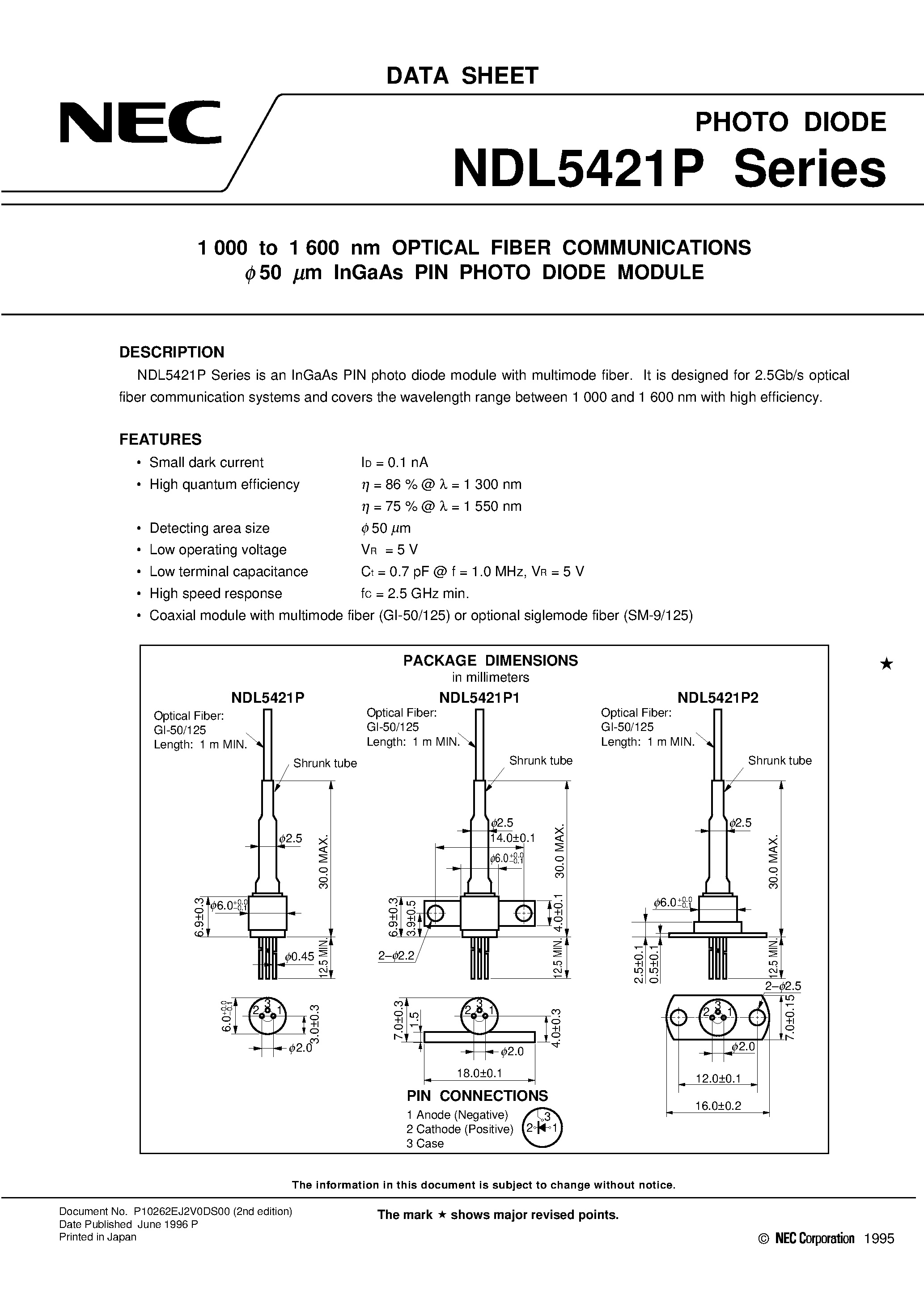 Даташит на микросхему NDL5421P1SC страница 1 Даташит NDL5421P1SC - 1 000 to 1 600 nm OPTICAL FIBER COMMUNICATIONS 50 mm InGaAs PIN PHOTO DIODE MODULE страница 1