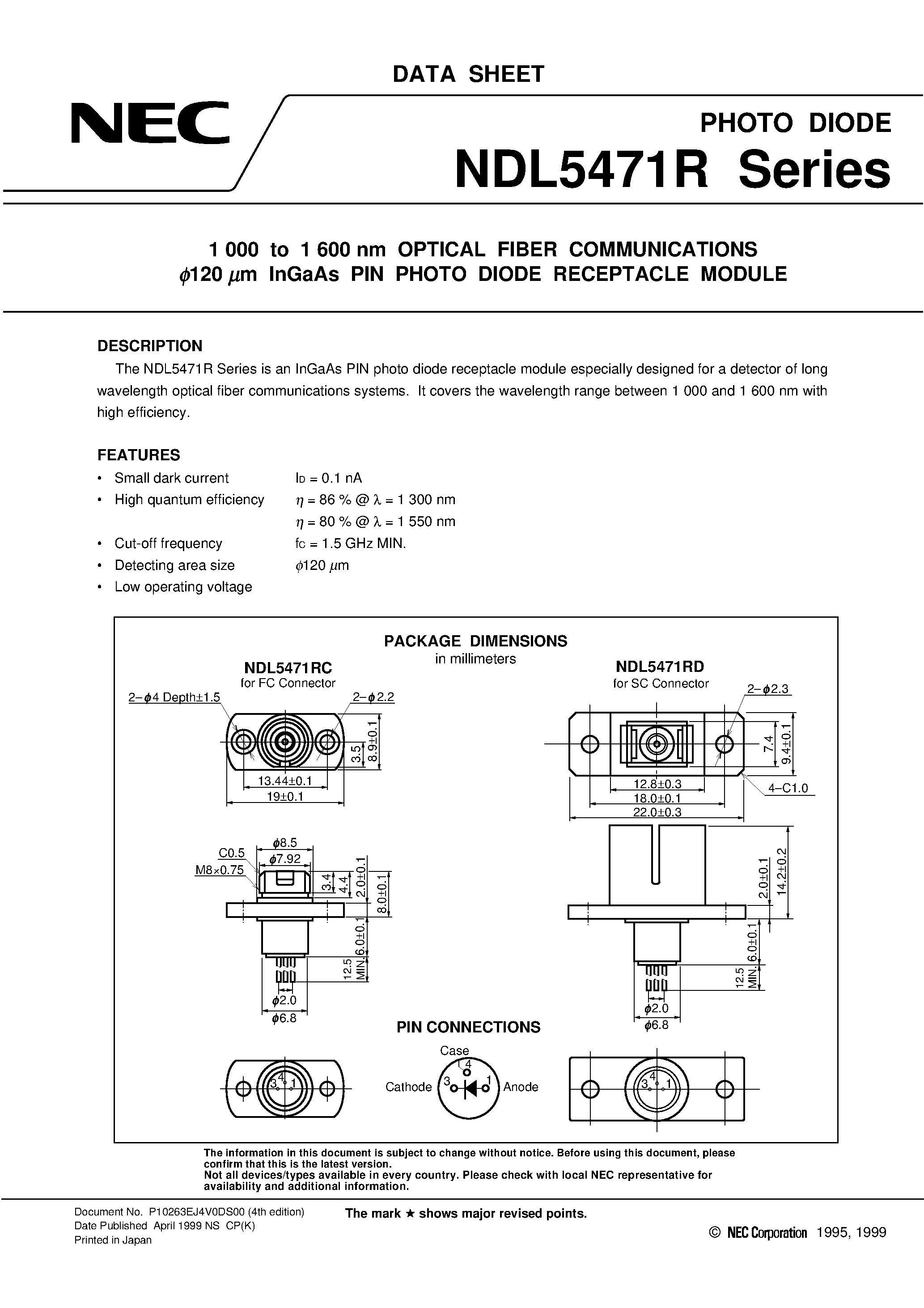 Даташит на микросхему NDL5422P страница 1 Даташит NDL5422P - 1 000 to 1 600 nm OPTICAL FIBER COMMUNICATIONS 50 mm InGaAs AVALANCHE PHOTO DIODE MODULE страница 1