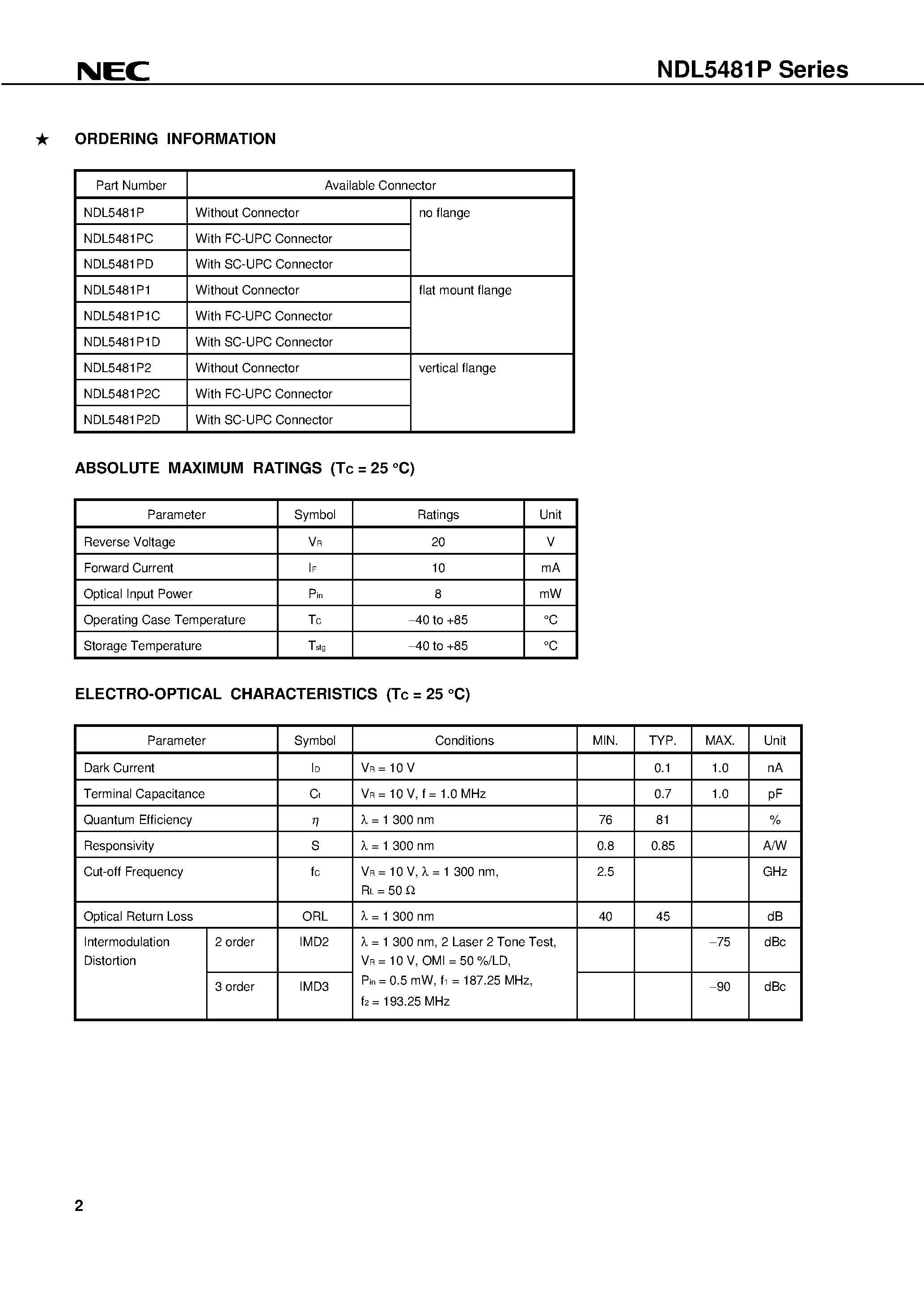 Datasheet NDL5481P1D - 1 300 nm OPTICAL ANALOG CATV SYSTEM 80 mm InGaAs PIN PHOTO DIODE MODULE WITH SMF page 2