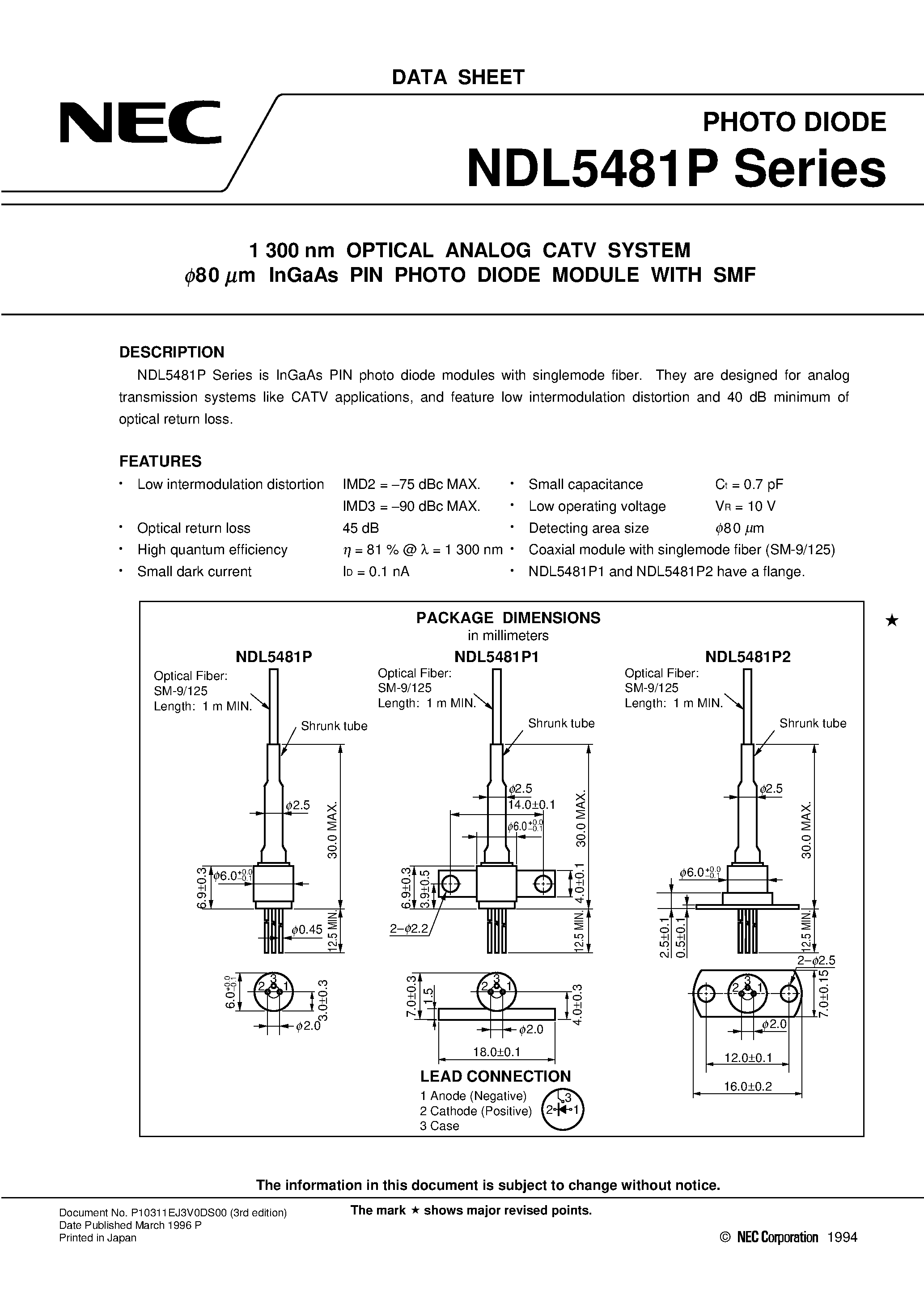 Datasheet NDL5481P2D - 1 300 nm OPTICAL ANALOG CATV SYSTEM 80 mm InGaAs PIN PHOTO DIODE MODULE WITH SMF page 1
