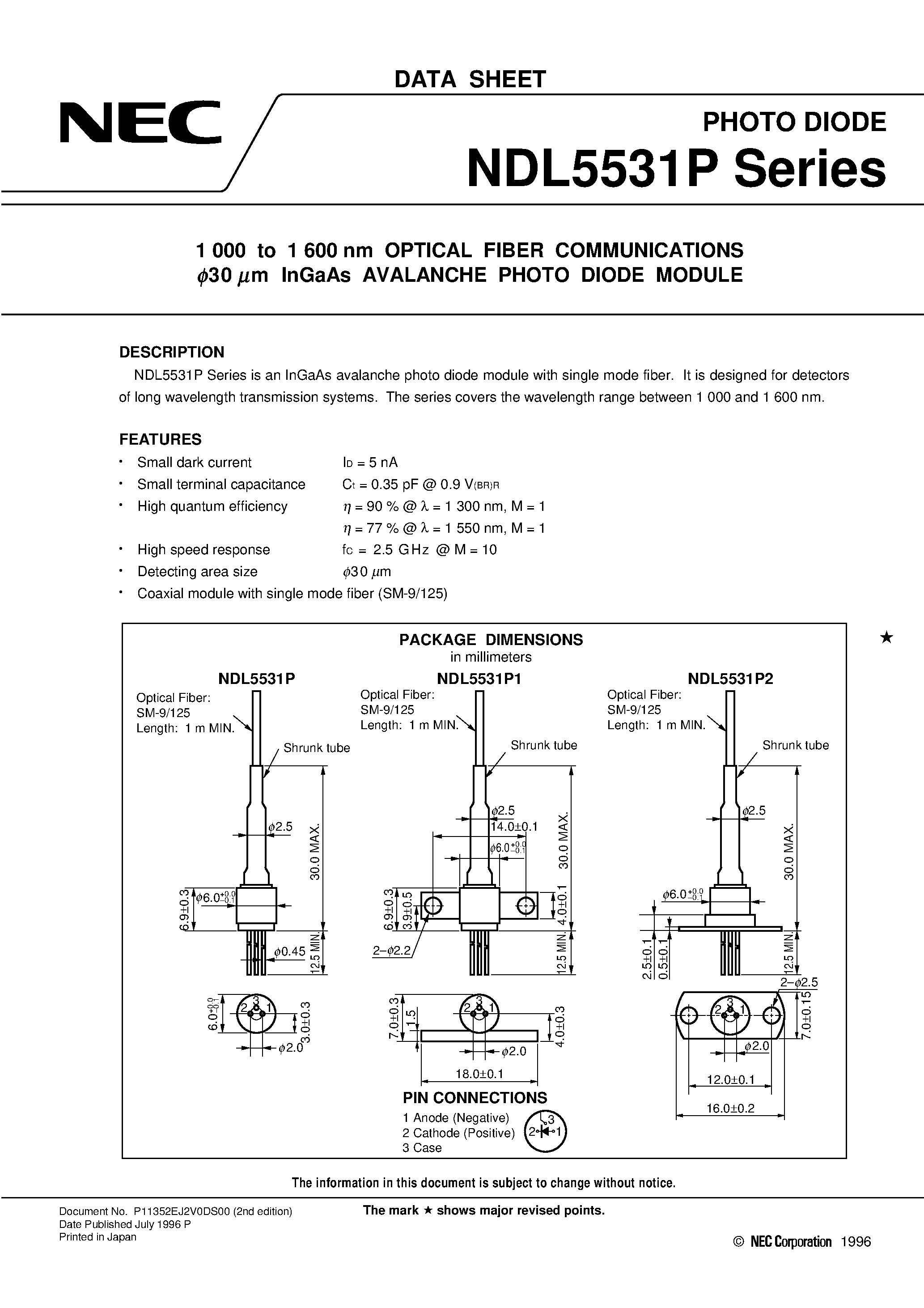 Даташит NDL5531P - 1 000 to 1 600 nm OPTICAL FIBER COMMUNICATIONS 50 mm InGaAs PIN PHOTO DIODE MODULE страница 1