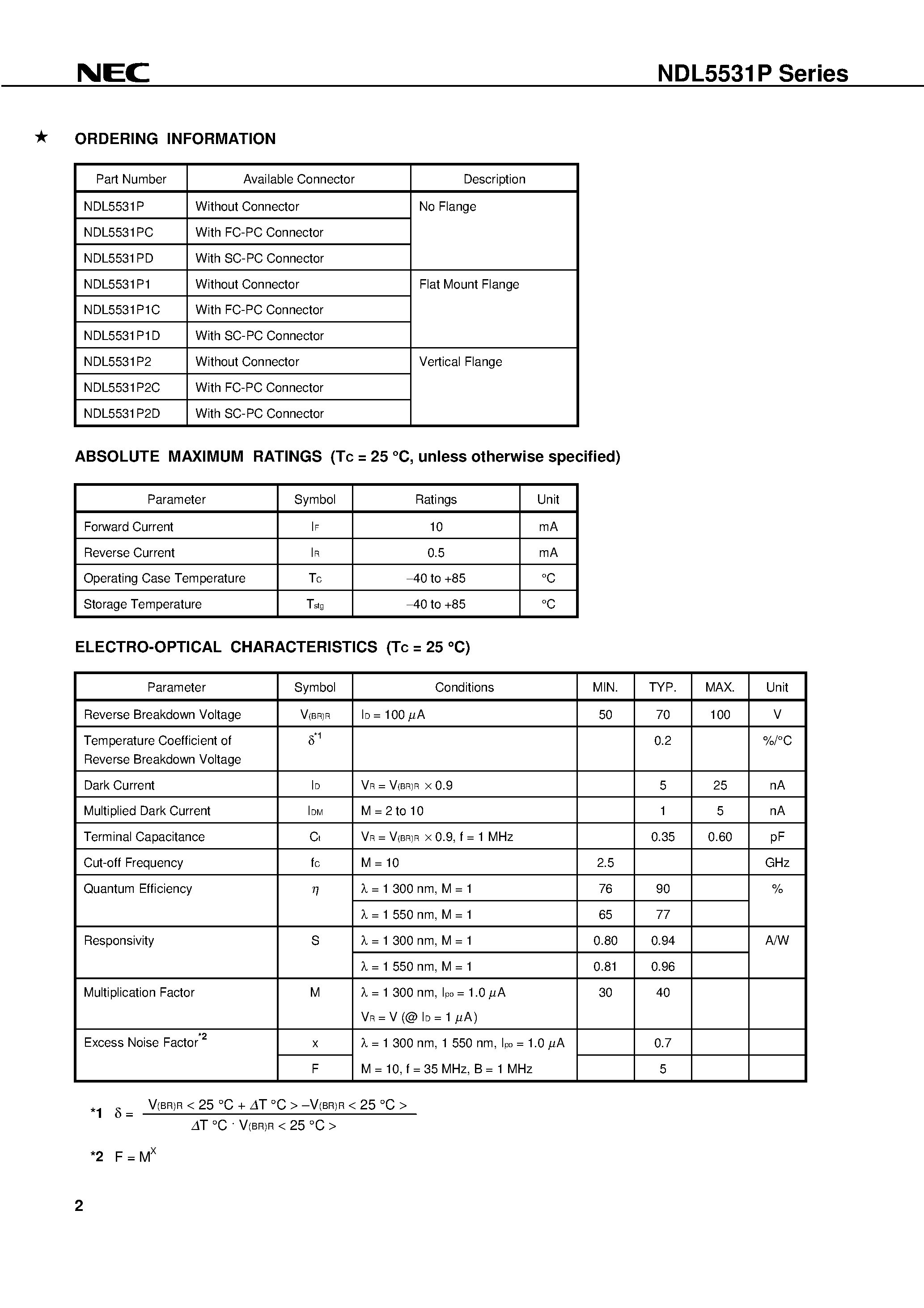 Даташит на микросхему NDL5531P2C страница 2 Даташит NDL5531P2C - 1 000 to 1 600 nm OPTICAL FIBER COMMUNICATIONS 30 mm InGaAs AVALANCHE PHOTO DIODE MODULE страница 2