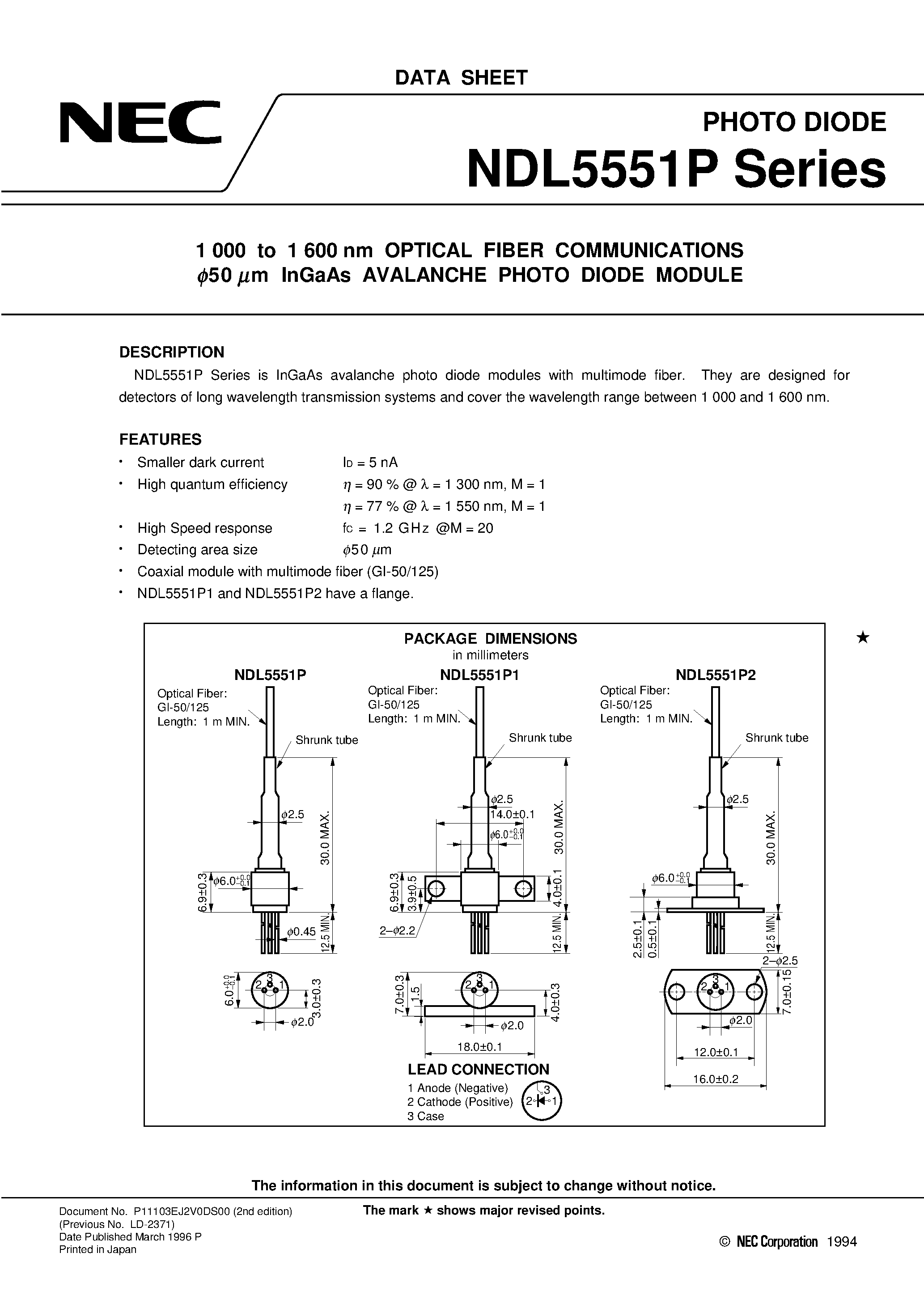 Даташит на микросхему NDL5551PD страница 1 Даташит NDL5551PD - 1 000 to 1 600 nm OPTICAL FIBER COMMUNICATIONS 50 mm InGaAs AVALANCHE PHOTO DIODE MODULE страница 1
