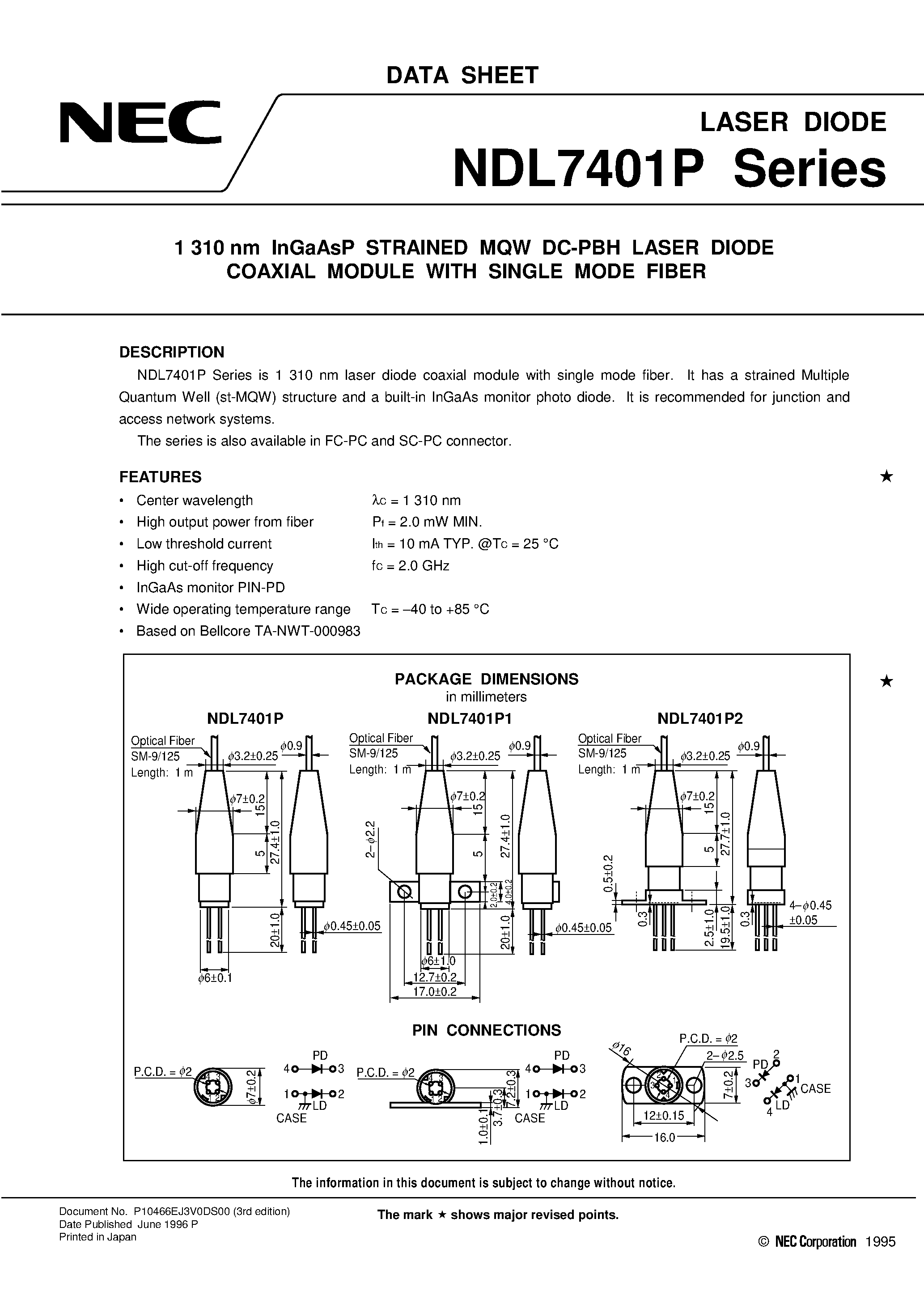 Datasheet NDL7401P1 - 1 310 nm InGaAsP STRAINED MQW DC-PBH LASER DIODE COAXIAL MODULE WITH SINGLE MODE FIBER page 1