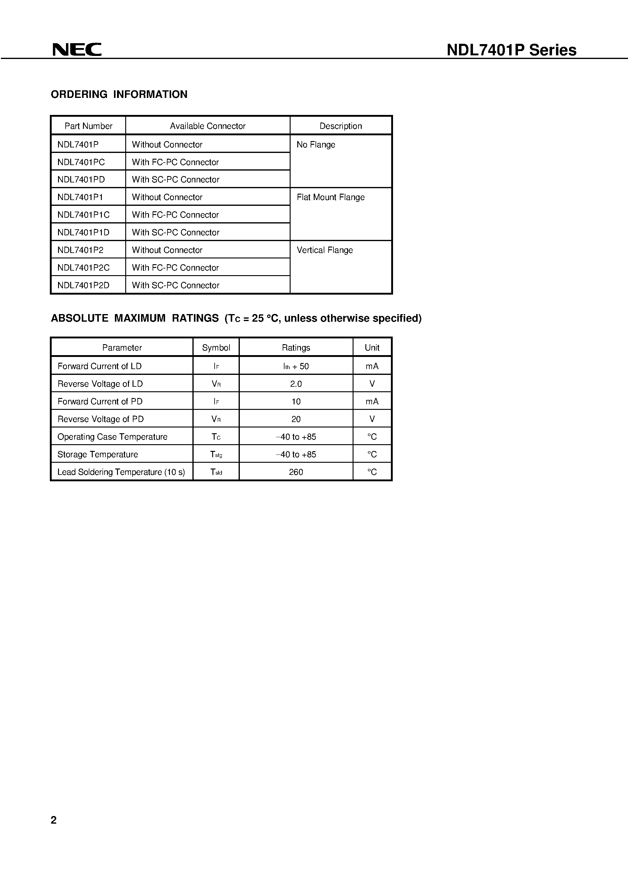 Datasheet NDL7401P2C - 1 310 nm InGaAsP STRAINED MQW DC-PBH LASER DIODE COAXIAL MODULE WITH SINGLE MODE FIBER page 2