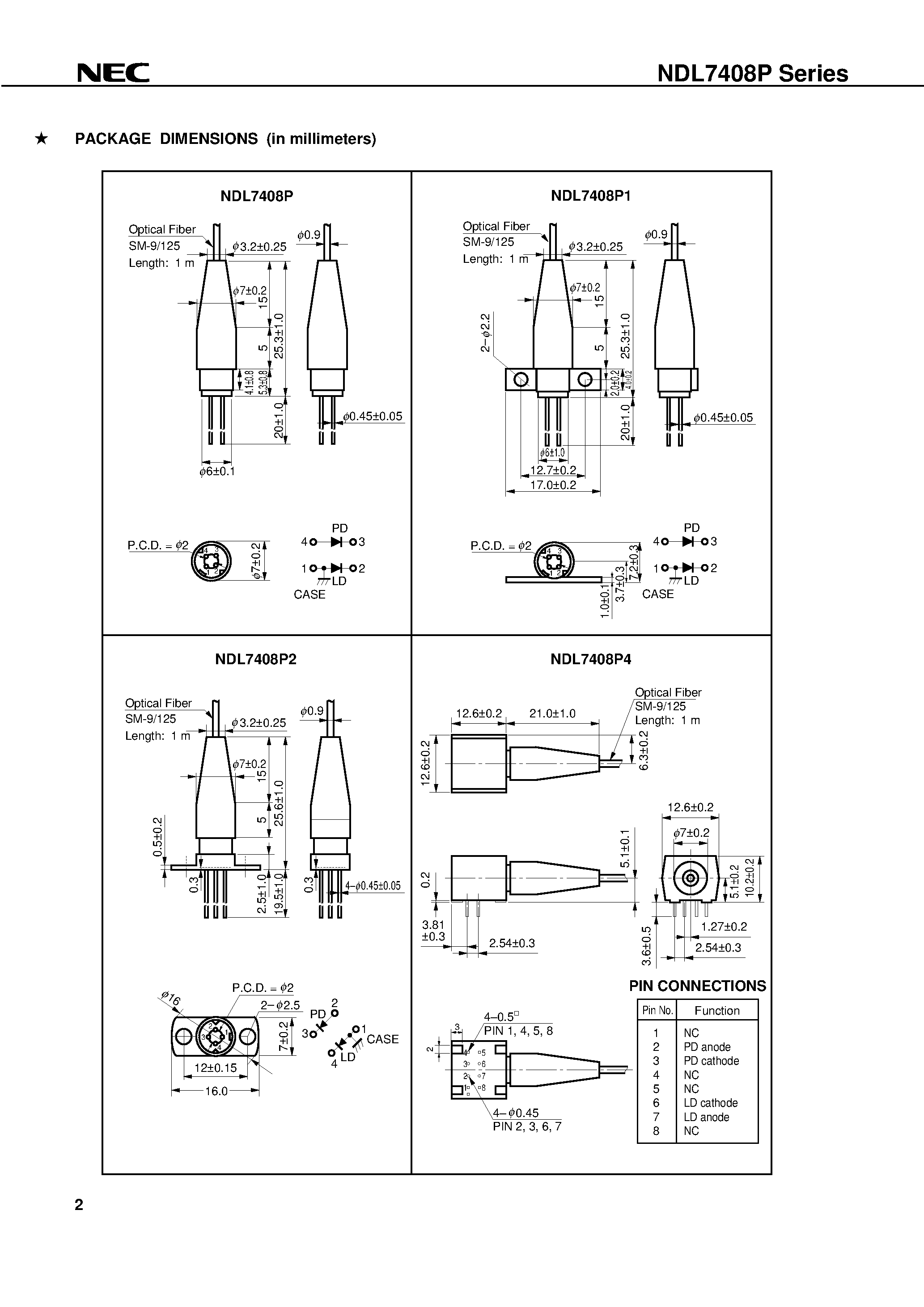 Datasheet NDL7408P1K - 1 310 nm InGaAsP STRAINED MQW DC-PBH LASER DIODE COAXIAL MODULE WITH SINGLE MODE FIBER page 2